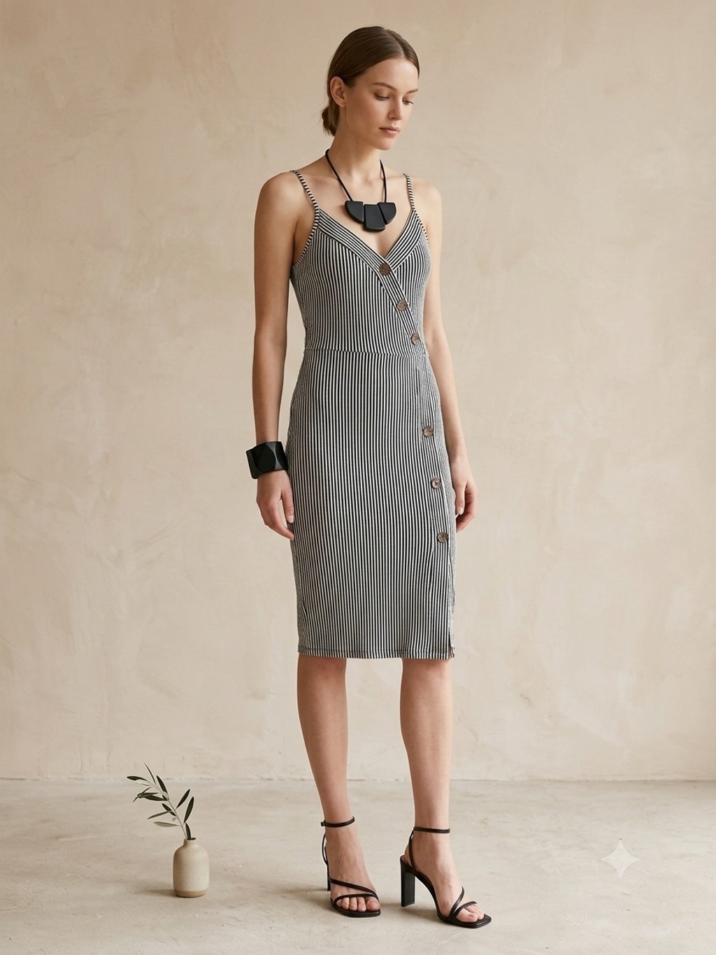 Caution To The Wind Dress Small Black White Stripe Button Front Bodycon Midi Str