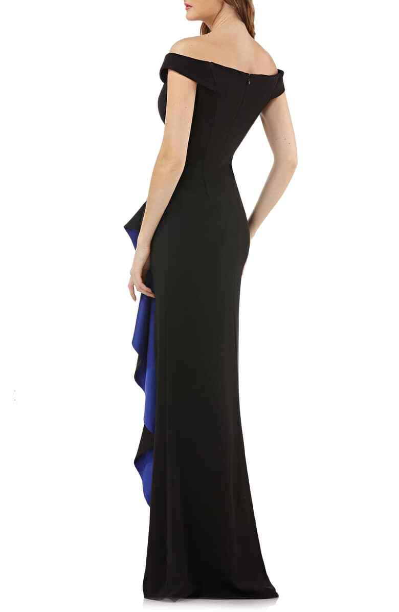 CARMEN MARC VALVO INFUSION RUFFLE OFF THE SHOULDER BLACK/COBALT GOWN DRESS sz 6