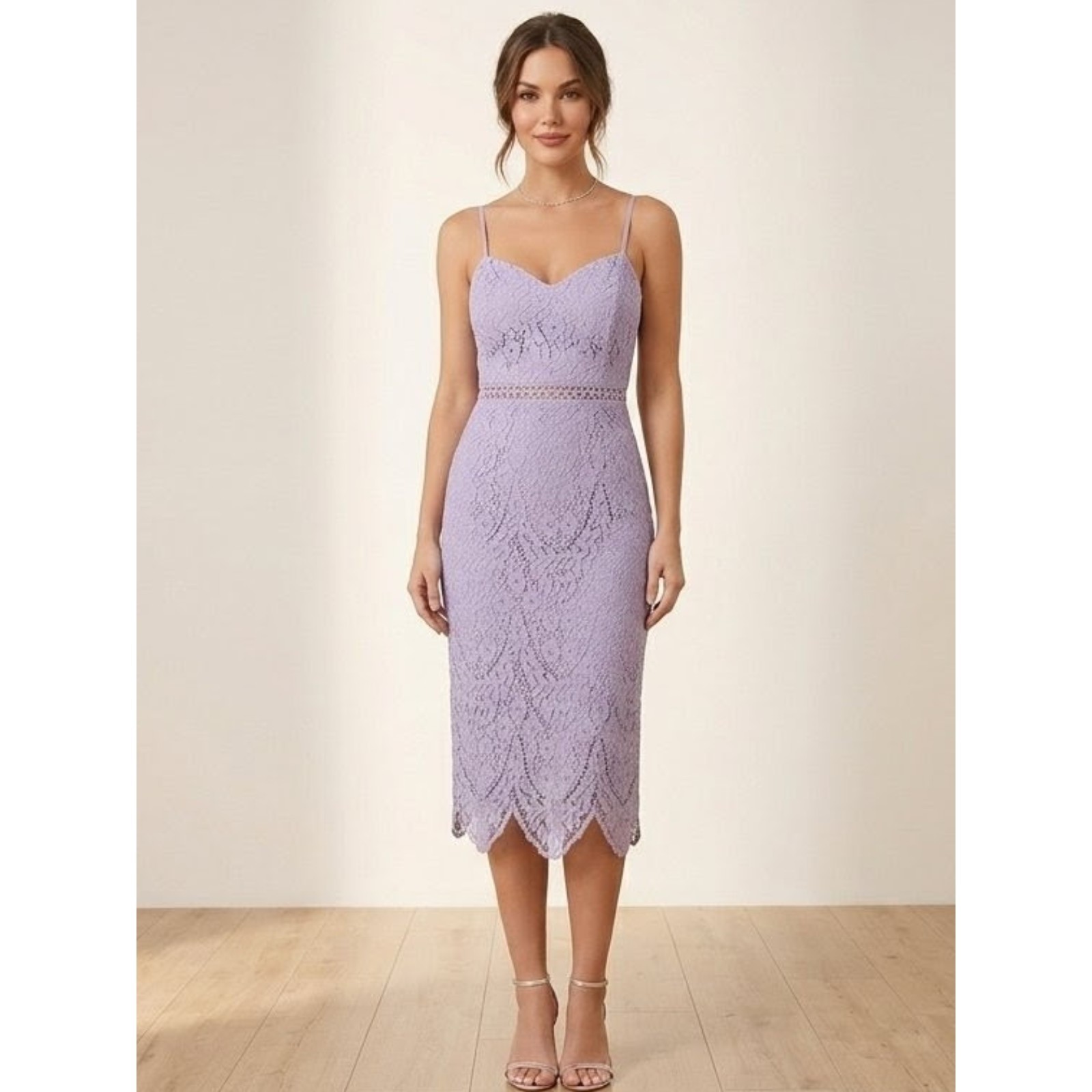 SAYLOR Lavender Lace Cami Midi Dress Crochet Waist Back Slit Size S