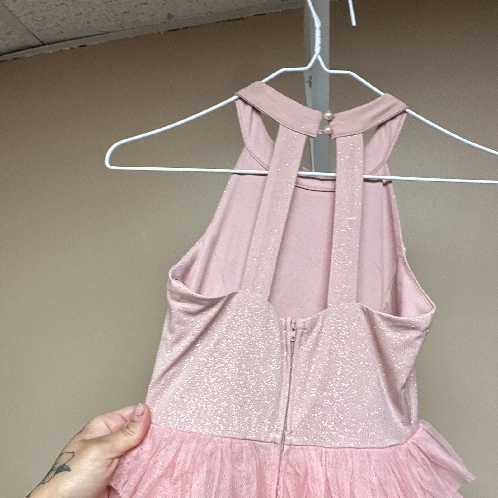 Women’s Pink Glitter High Neck Halter Ruffle Layered Tulle Dress S (bin3)