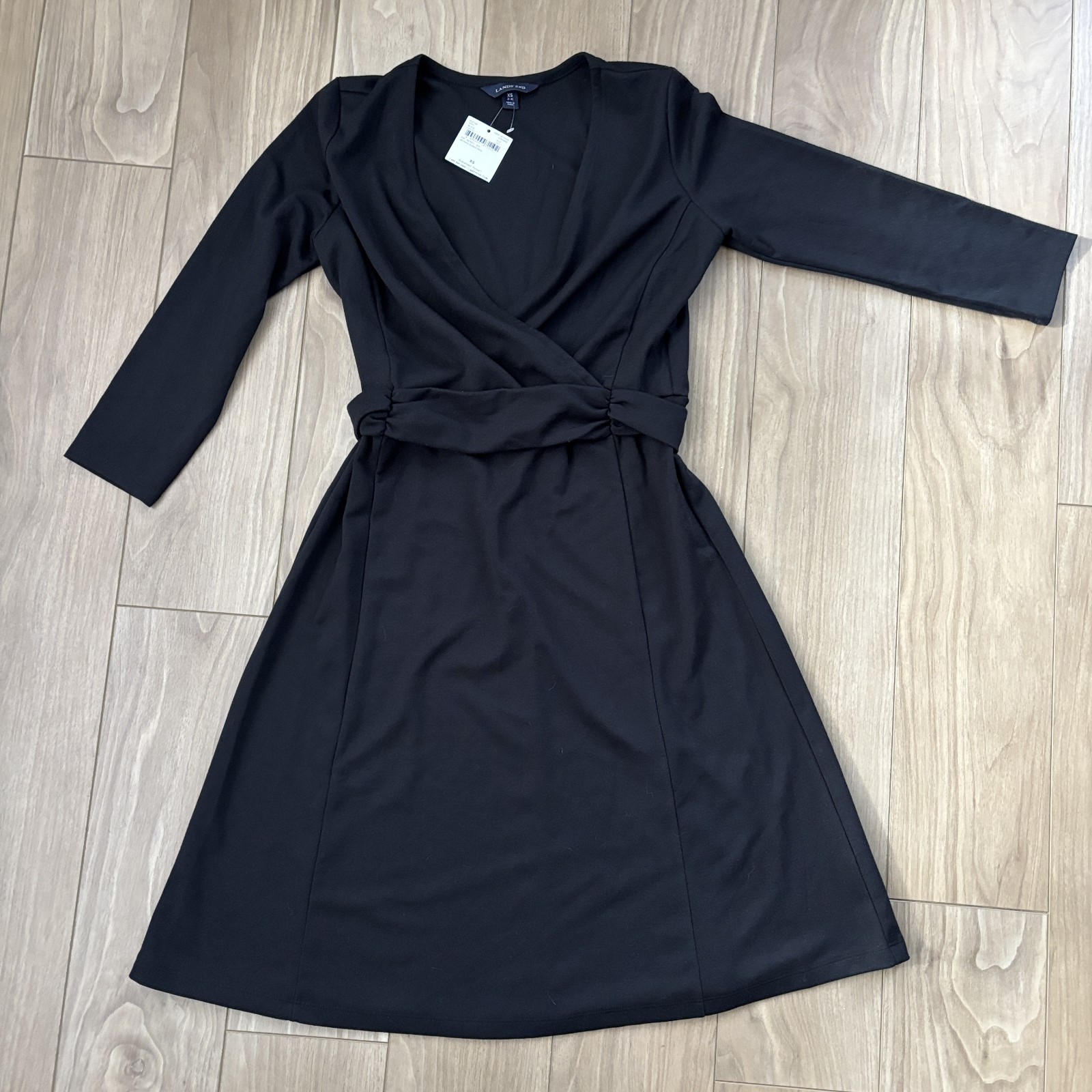 LANDS END XS Black Dress Ponte Faux Wrap Front Stretch Rayon Blend 2 4 NWT