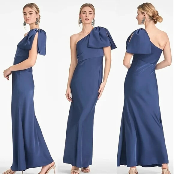 Sachin & Babi Washed Indigo Blue Aubrey One-Shoulder Trumpet Gown Size 6 $795