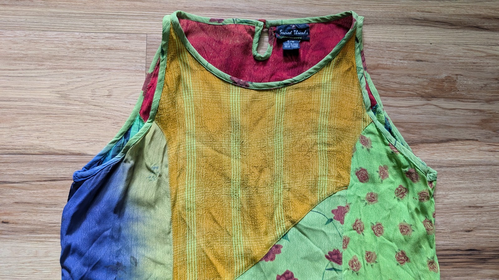 Sacred Threads Patchwork Maxi Dress SM Rayon Boho Whimsigoth Tie Dye Floral Indi