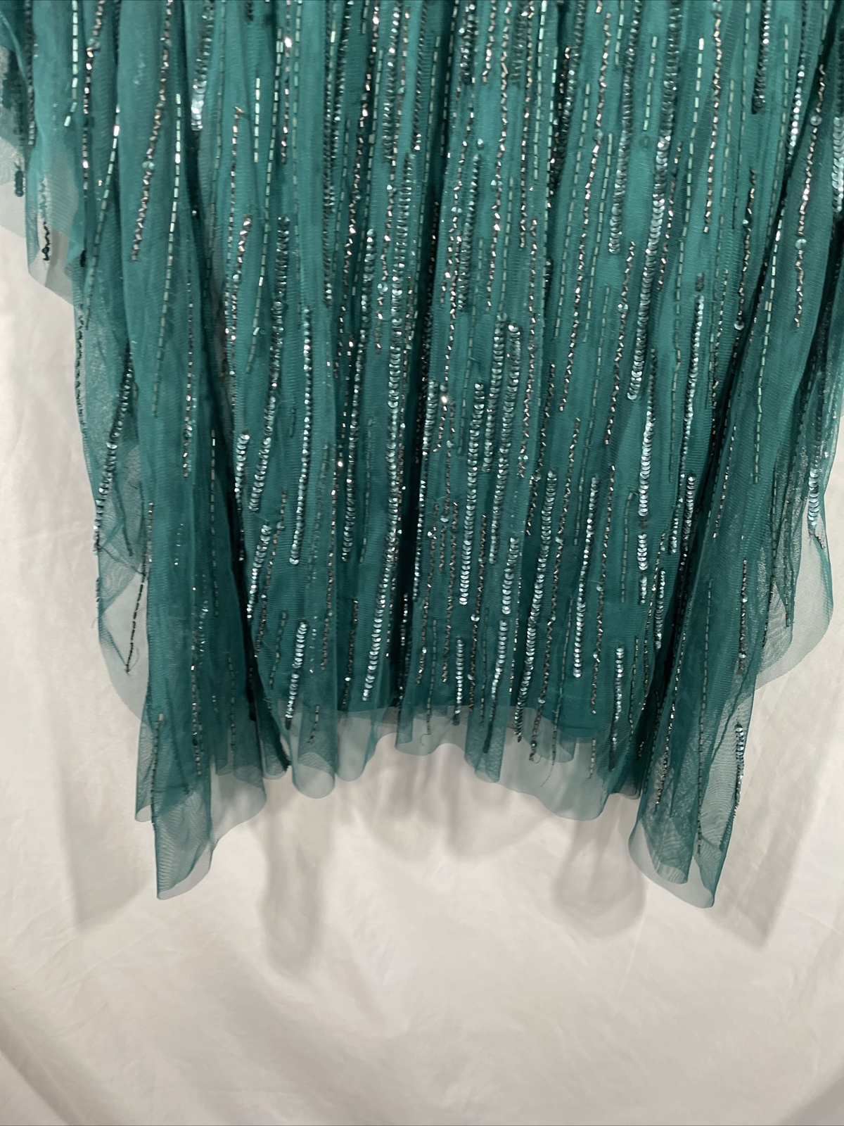 NEW Adrianna Papell Beaded Sequin Mesh Kaftan Dress Dark Jade [SZ Small ] #G809