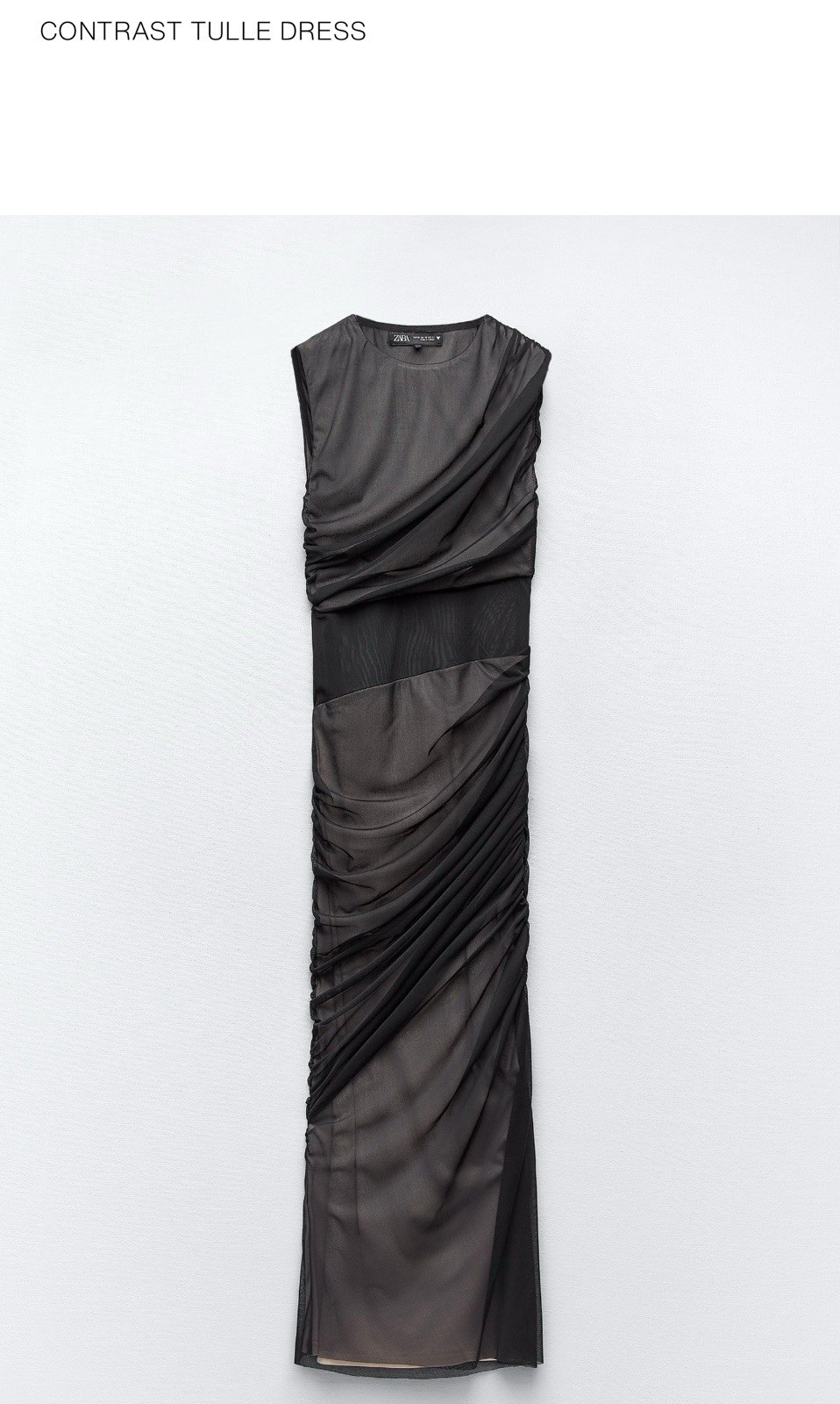 BNWT ZARA CONTRAST TULLE DRESS WOMEN DRAPED BODYCON MIDI MESH GOWN BLACK XS 8