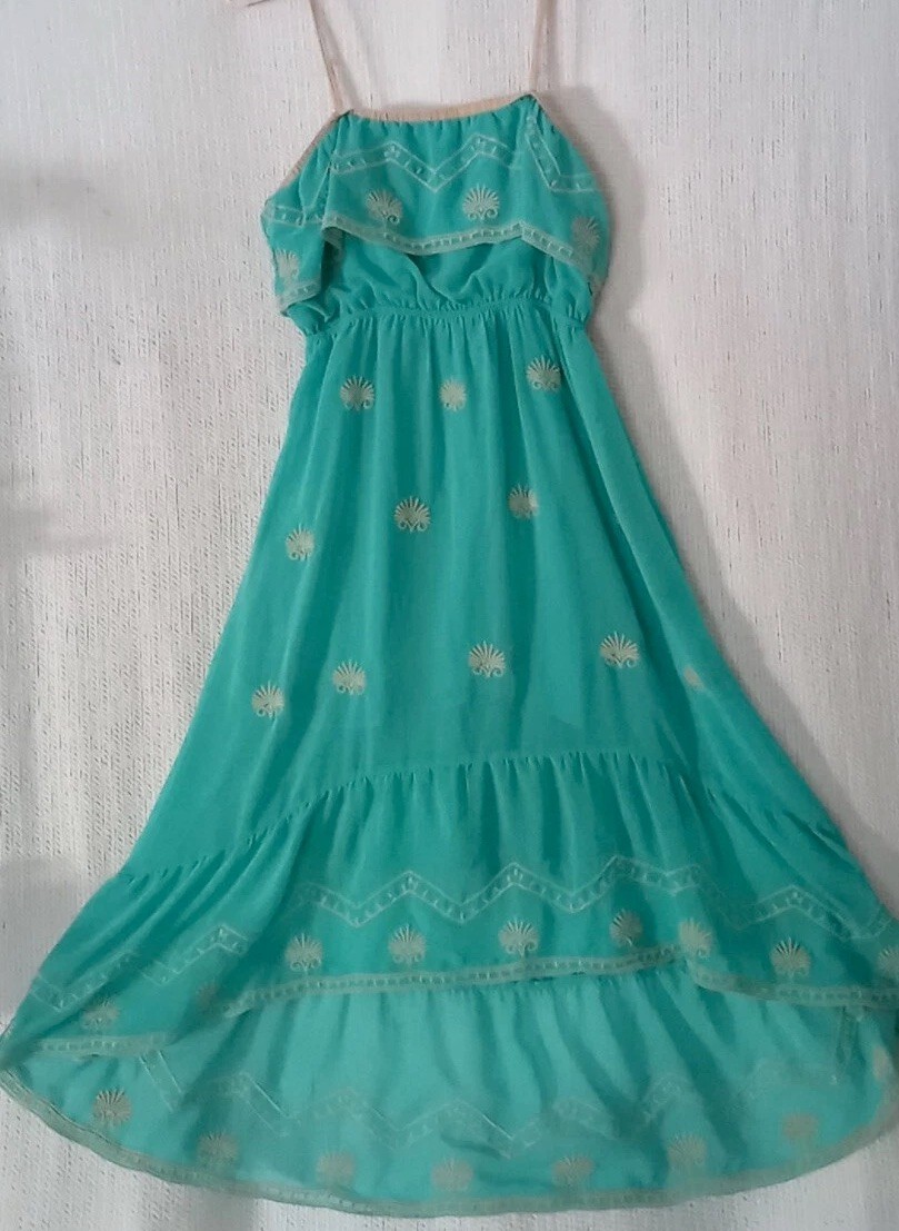 Forever 21 Dress S Silky Teal Embroidered Lined Boho Fairycore Coquette Sundress