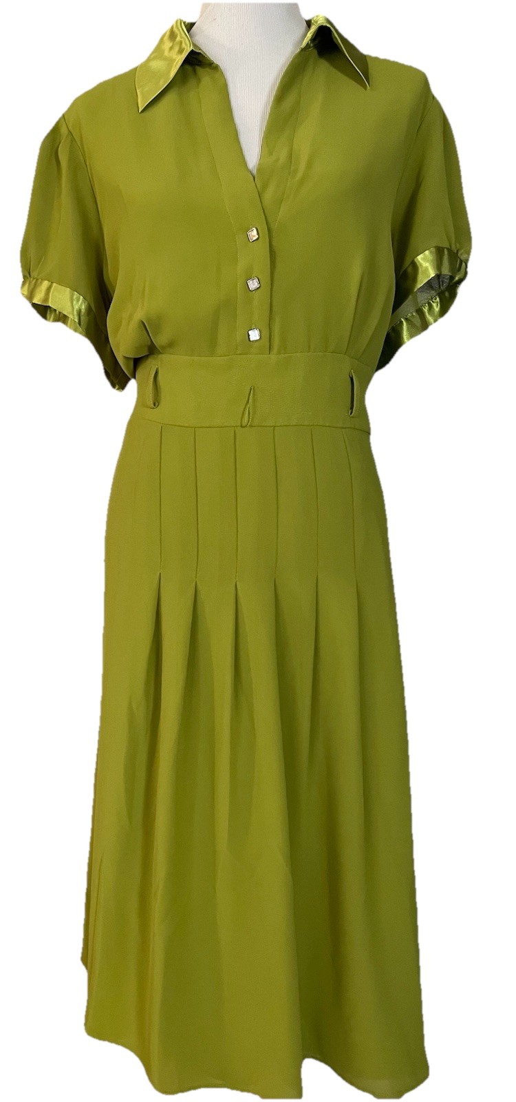 90s Jessica London Midi Dress 20W Green Pleated Satin Trim Buttons Career