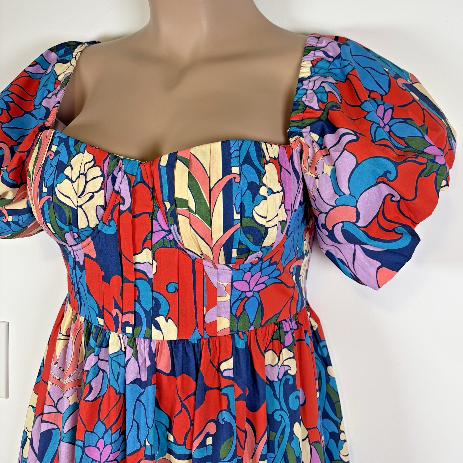Tuckernuck Maxi Bustier Dress 12 Colorful Floral Underwire Puff Sleeves Cotton