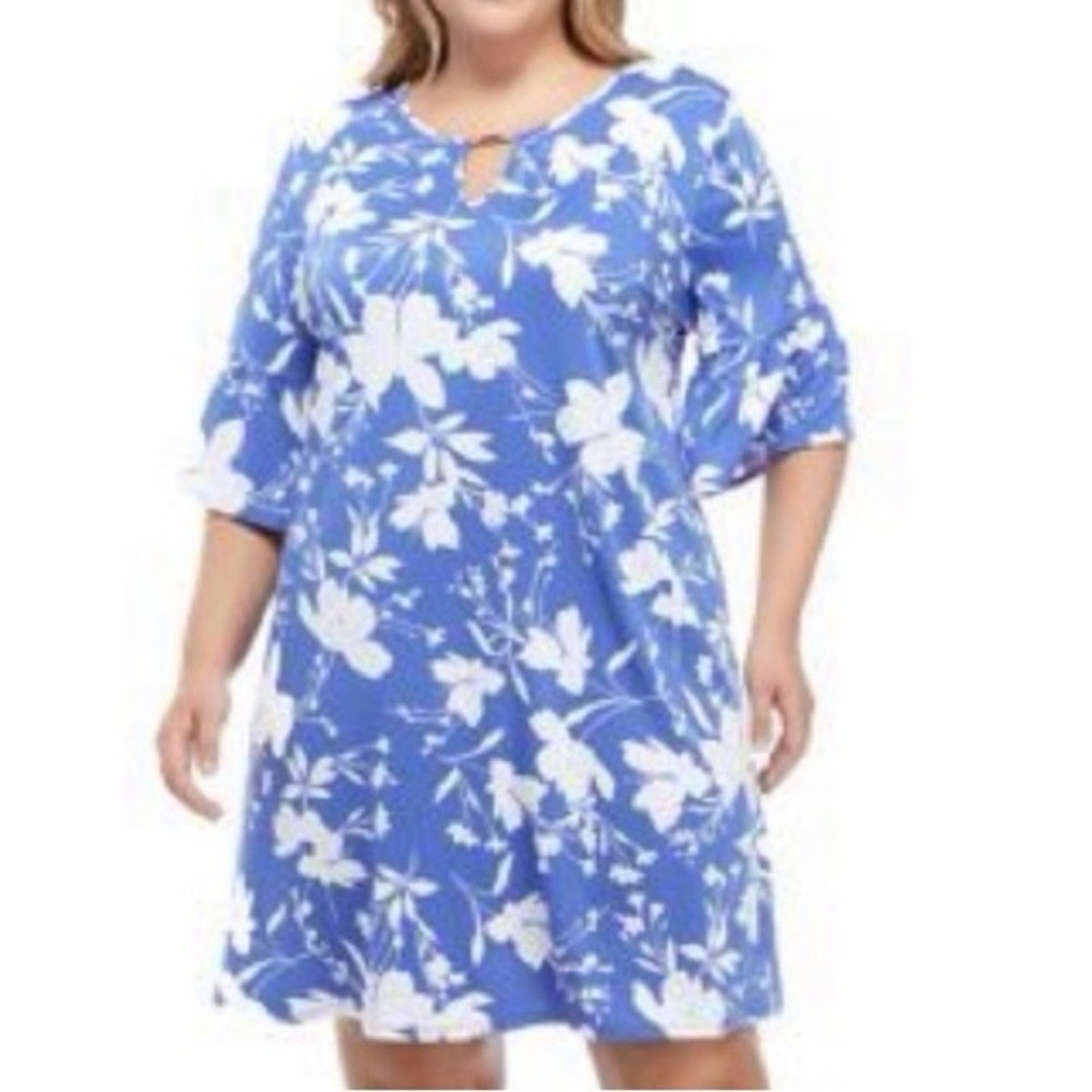 NWT Ruby Rd. Blue White Floral Dress Keyhole Neck Casual Summer Semi Sheer XL