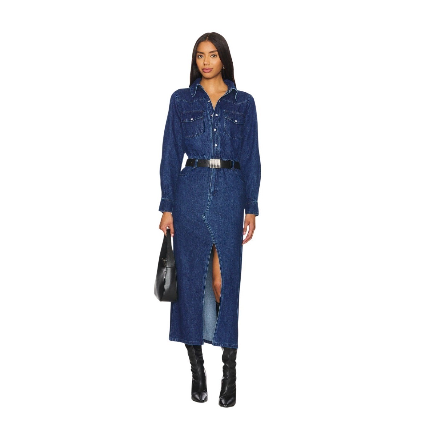 Steve Madden Womens Dakoda Blue Denim Maxi Dress Pearl Snap Front Western Sz 6