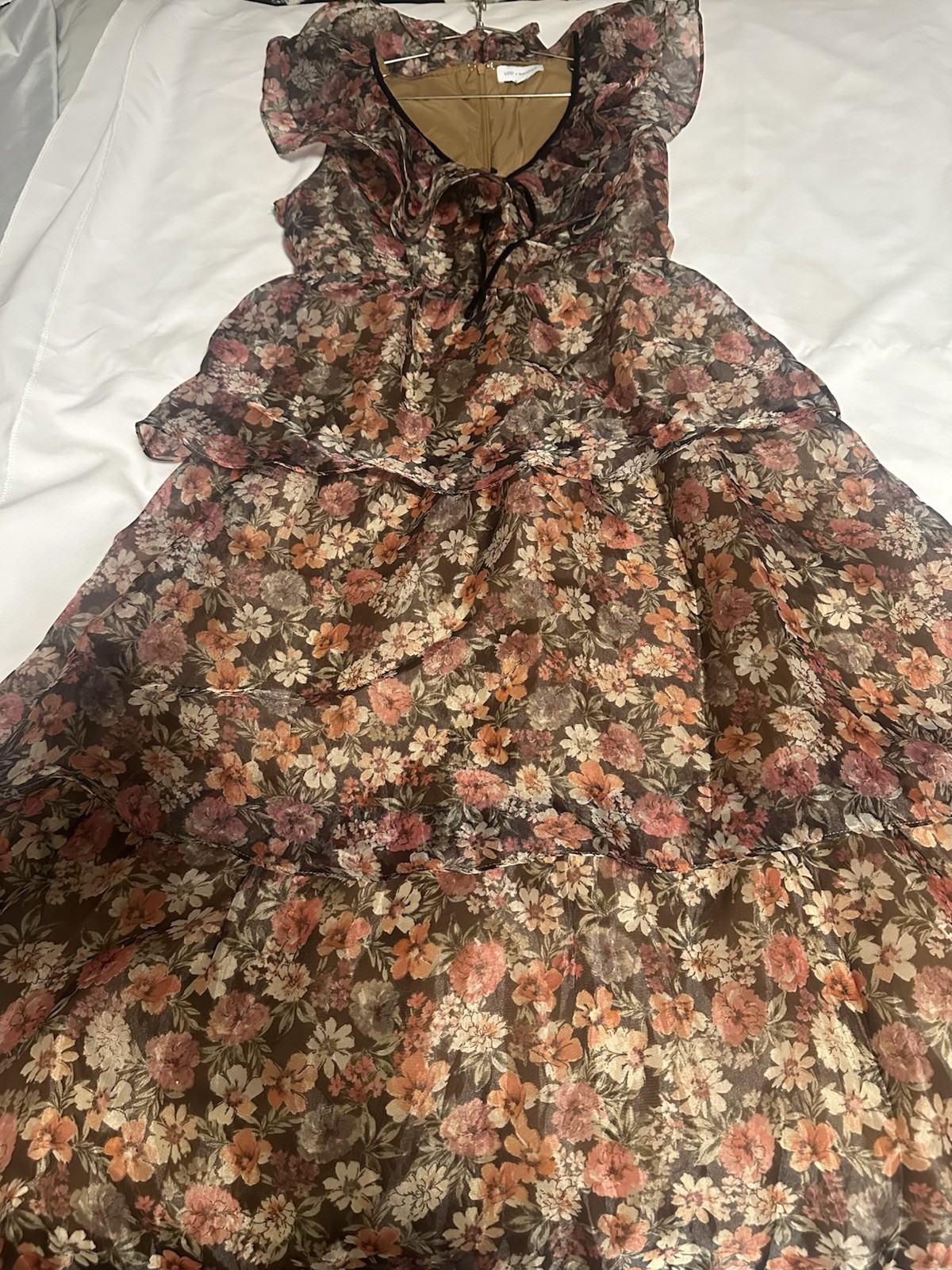 Lost + wander botanique floral long dress ruffle tiered v-neck short sleeve MD