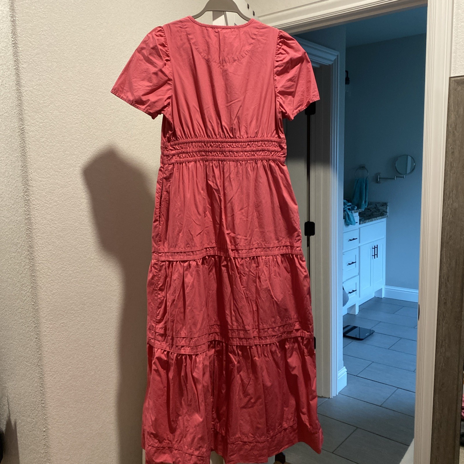Quince 100% Organic Cotton Poplin Tiered Maxi Dress Lipstick Pink size Small