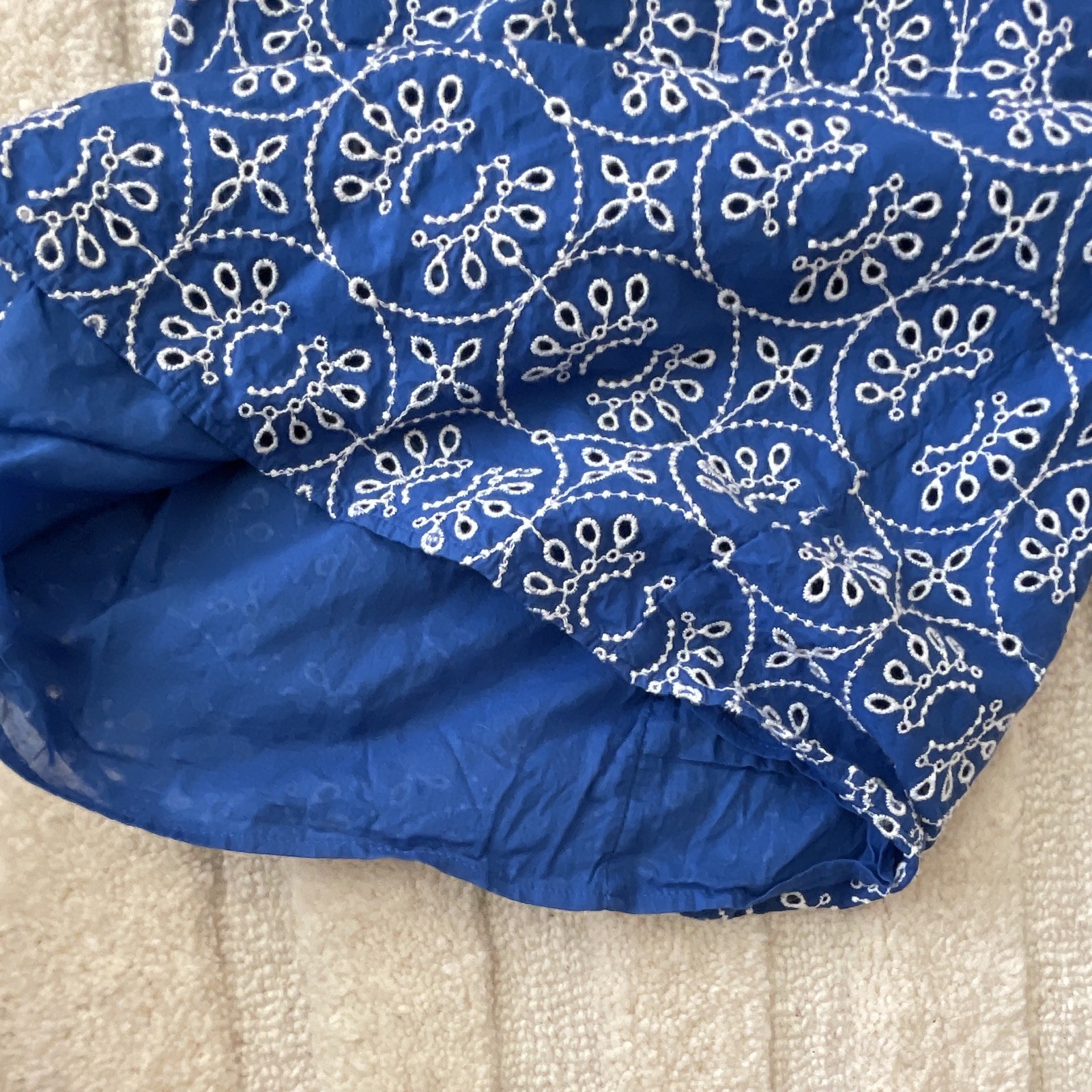 Mango Blue/White Embroidered Puff Sleeve V-Neck Tie Mini Dress XXS Cotton