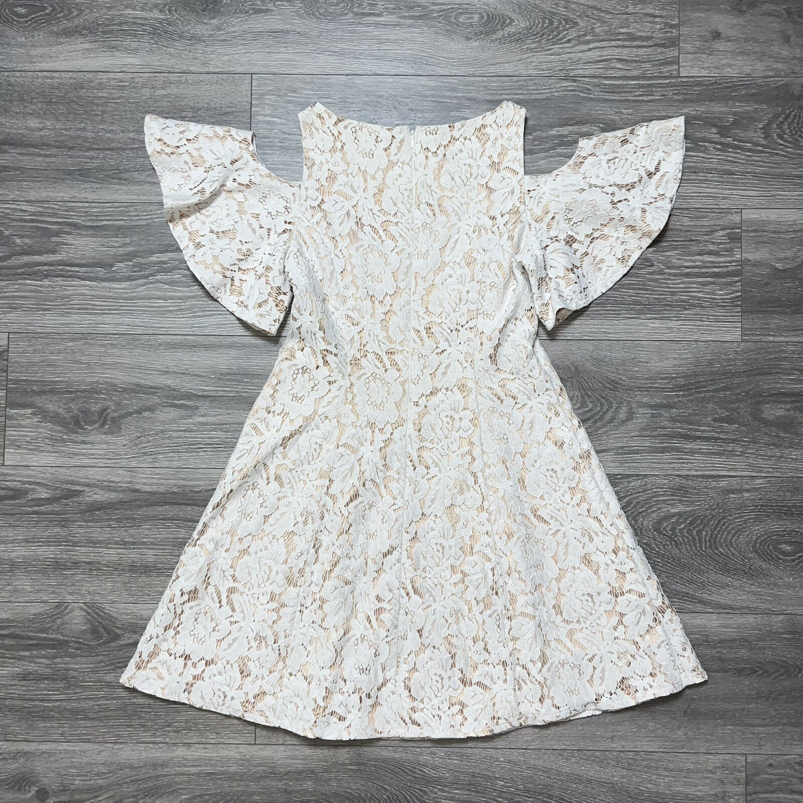 Eliza J Cream Cold Shoulder Flutter Sleeve Fit Flare Lace Nude Beige Dress 8 M