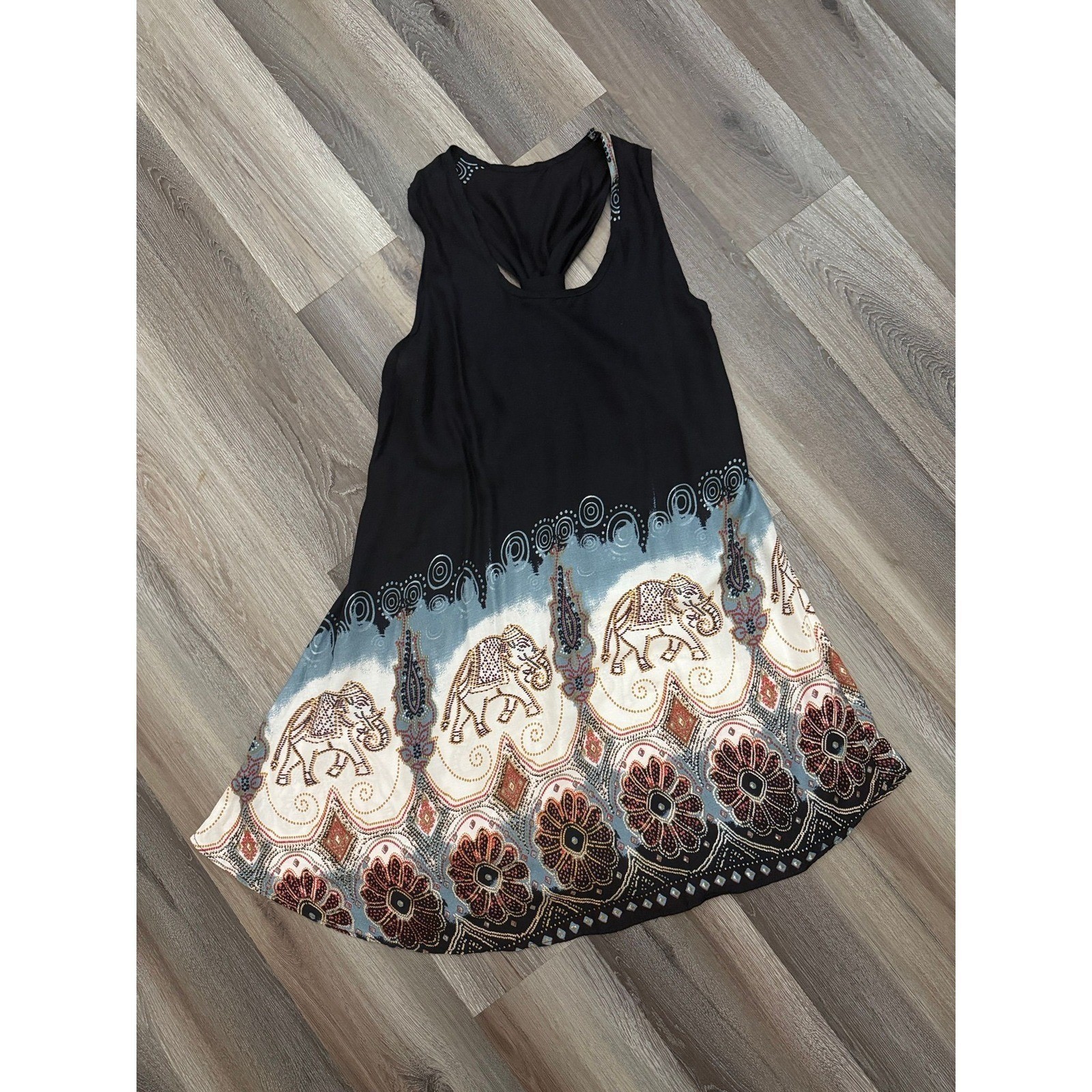 Boho Elephant Print Sleeveless Swing Tunic Dress Black Blue Twisted Racerback