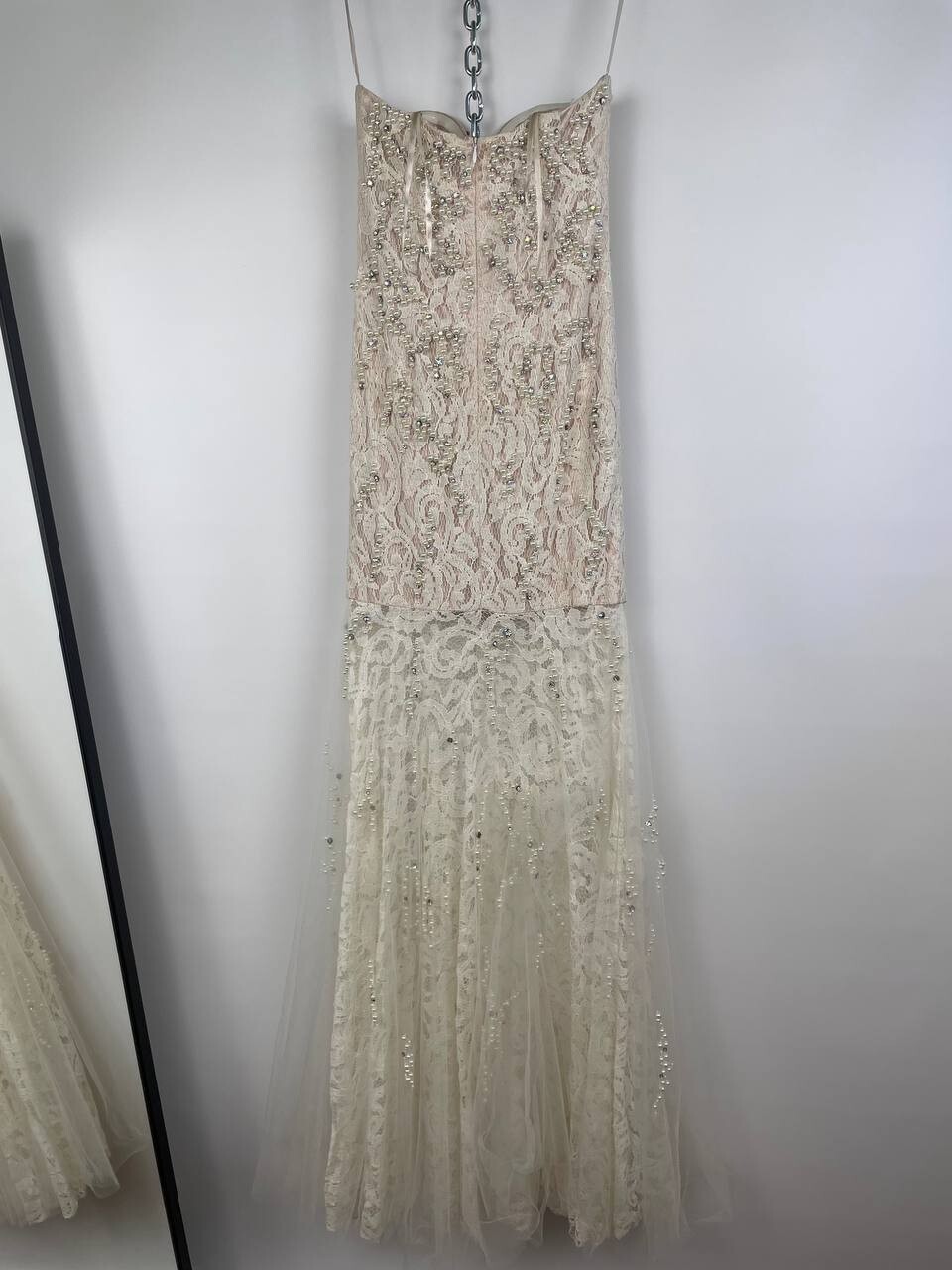 Jovani Strapless Lace Gown Beaded Pearl Nude Ivory Dress Sz 4 Small Prom Formal