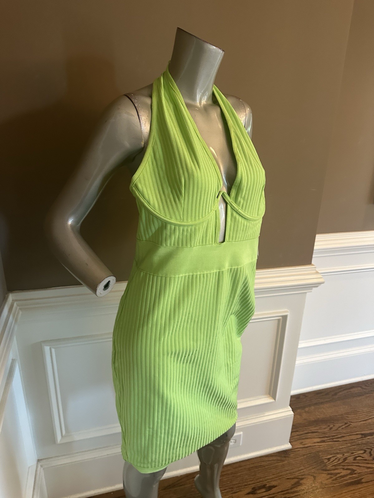 NWT FASGION NOVA Lime Green Plunge Halter Bandage Ribbed Midi Dress Sz XL