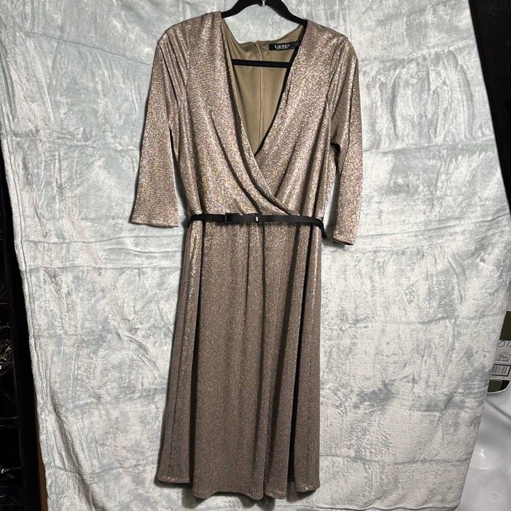 Lauren Ralph Lauren dress women’s Metallic Bronze Catrell Dress size 14 belt