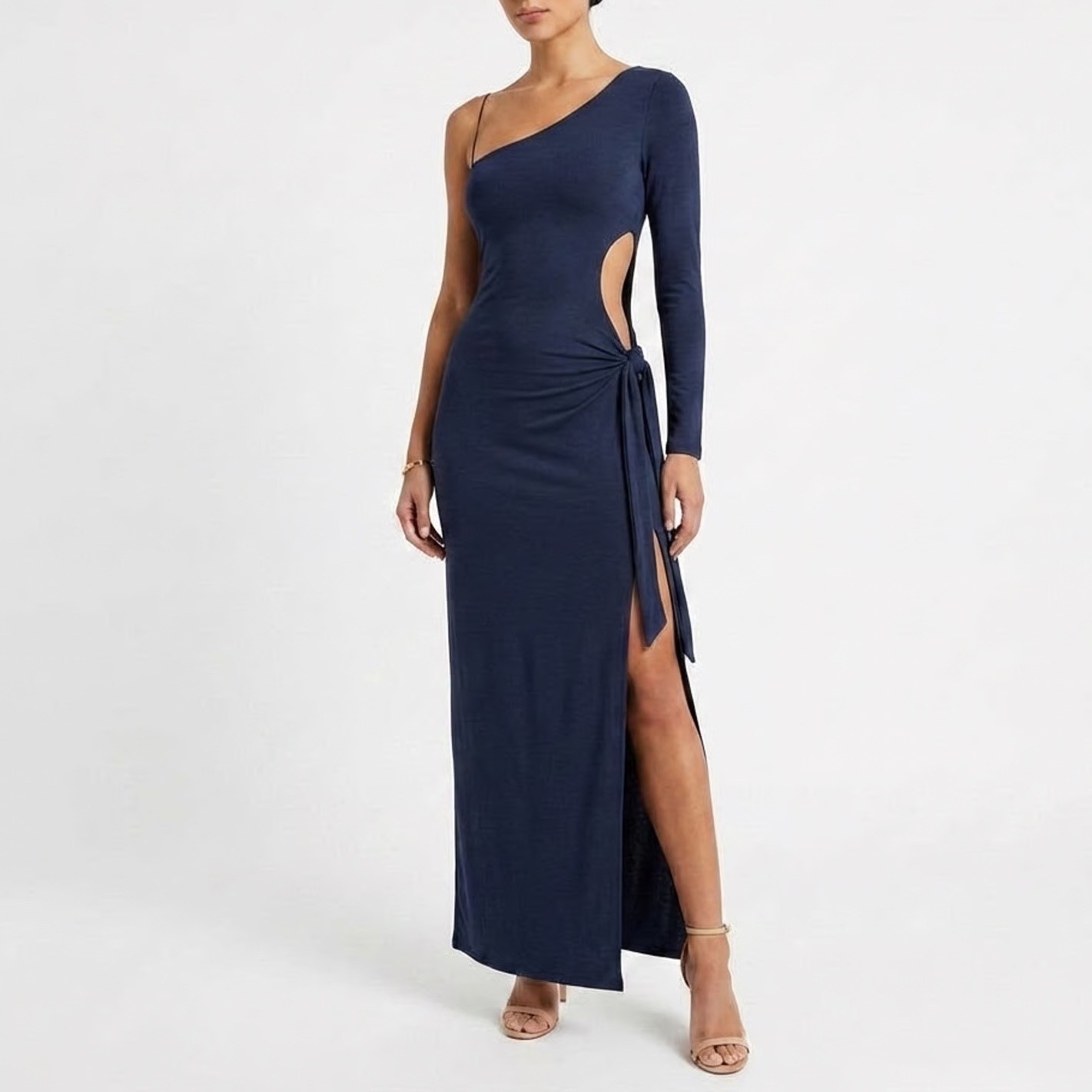 Naked Wardrobe Navy Blue One Shoulder Side Knot Cutout Maxi Dress S