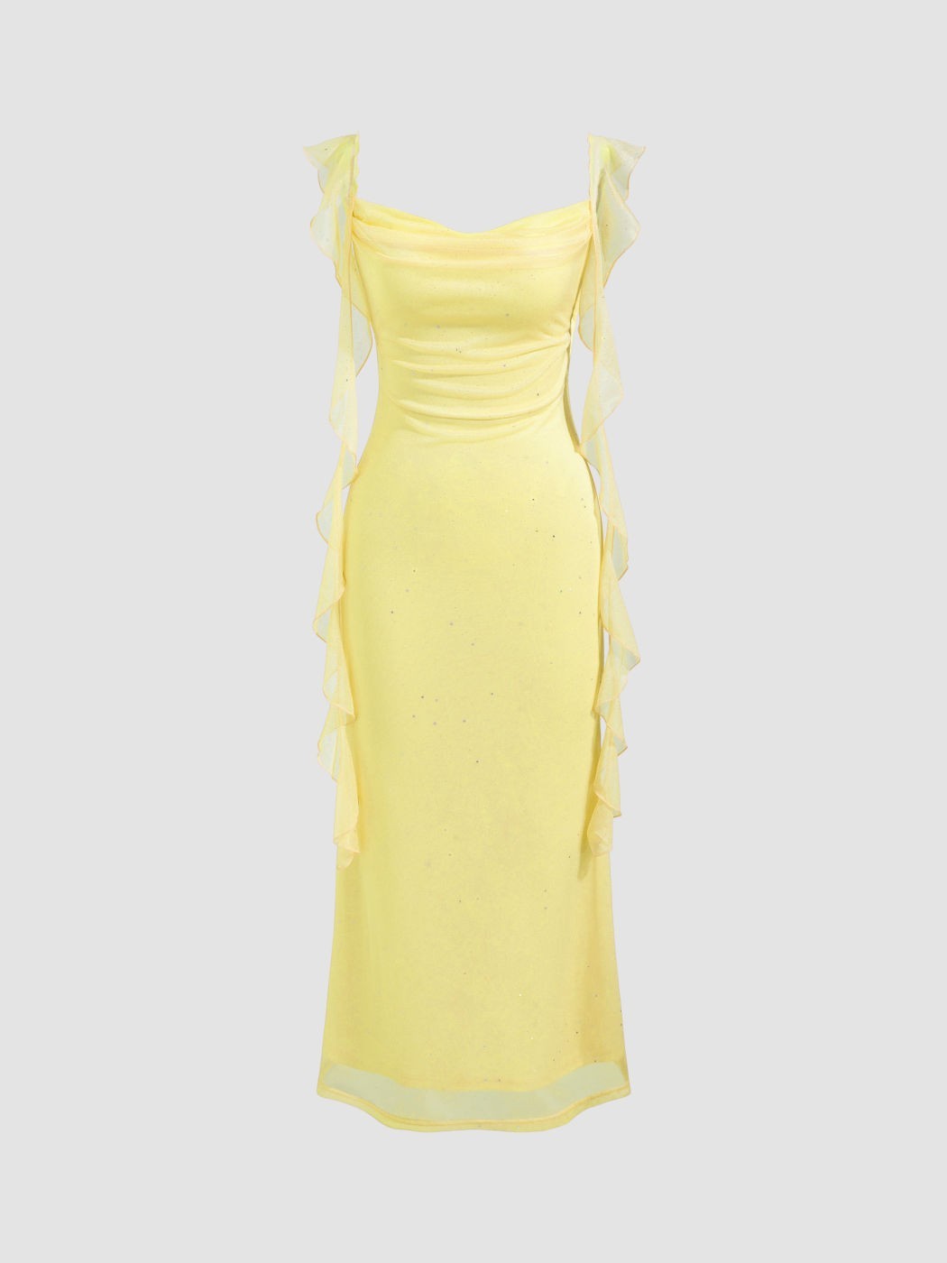 Cowl Neck Solid Glitter Ruffle Hem Maxi Dress