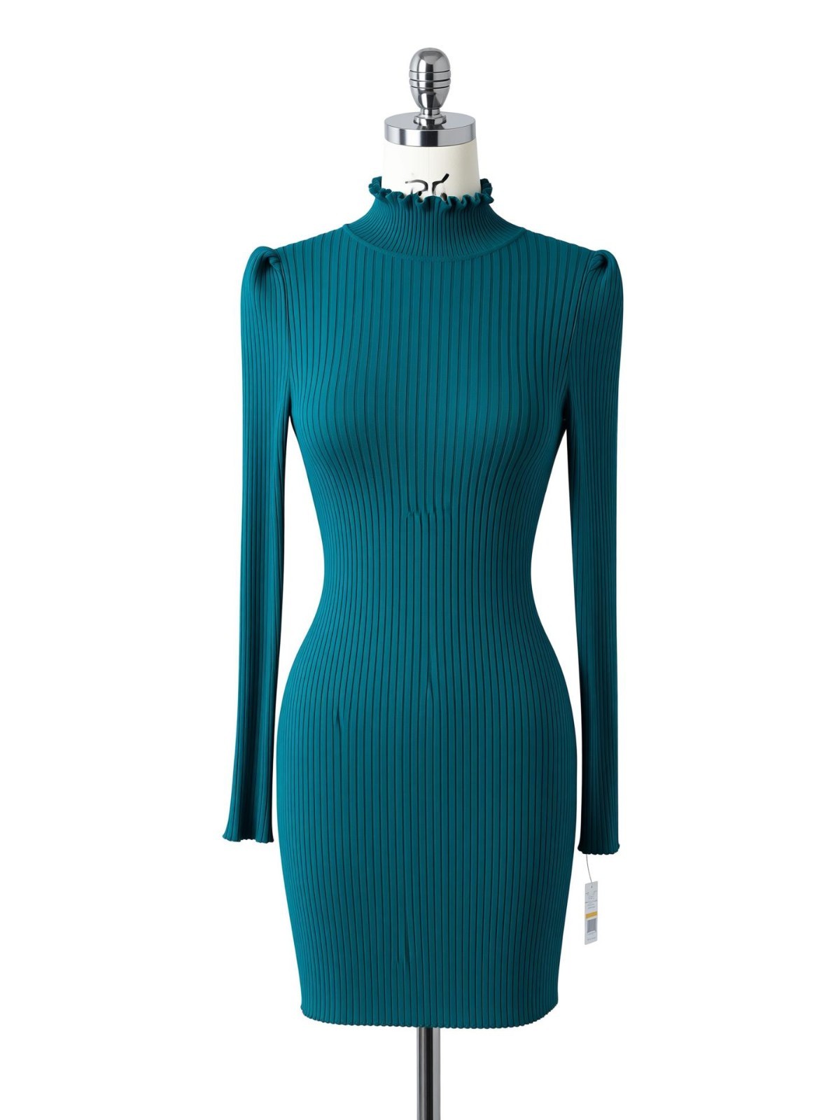 Major Label Group Teal Green Ribbed Knit Sweater Dress Sz S Ruffle Mock Neck