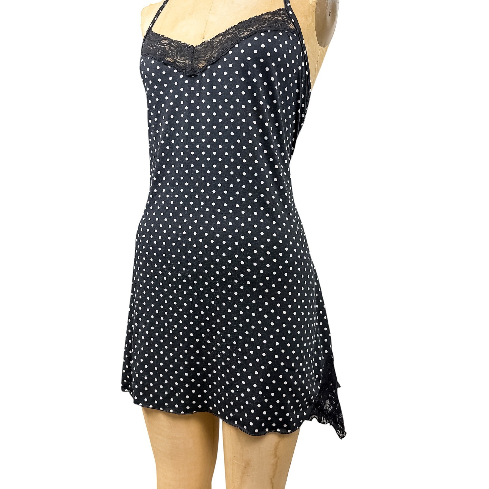 Y2K Polka Dot Mini Slip Asymmetrical Lace Hem Dark Coquette Babydoll Size M