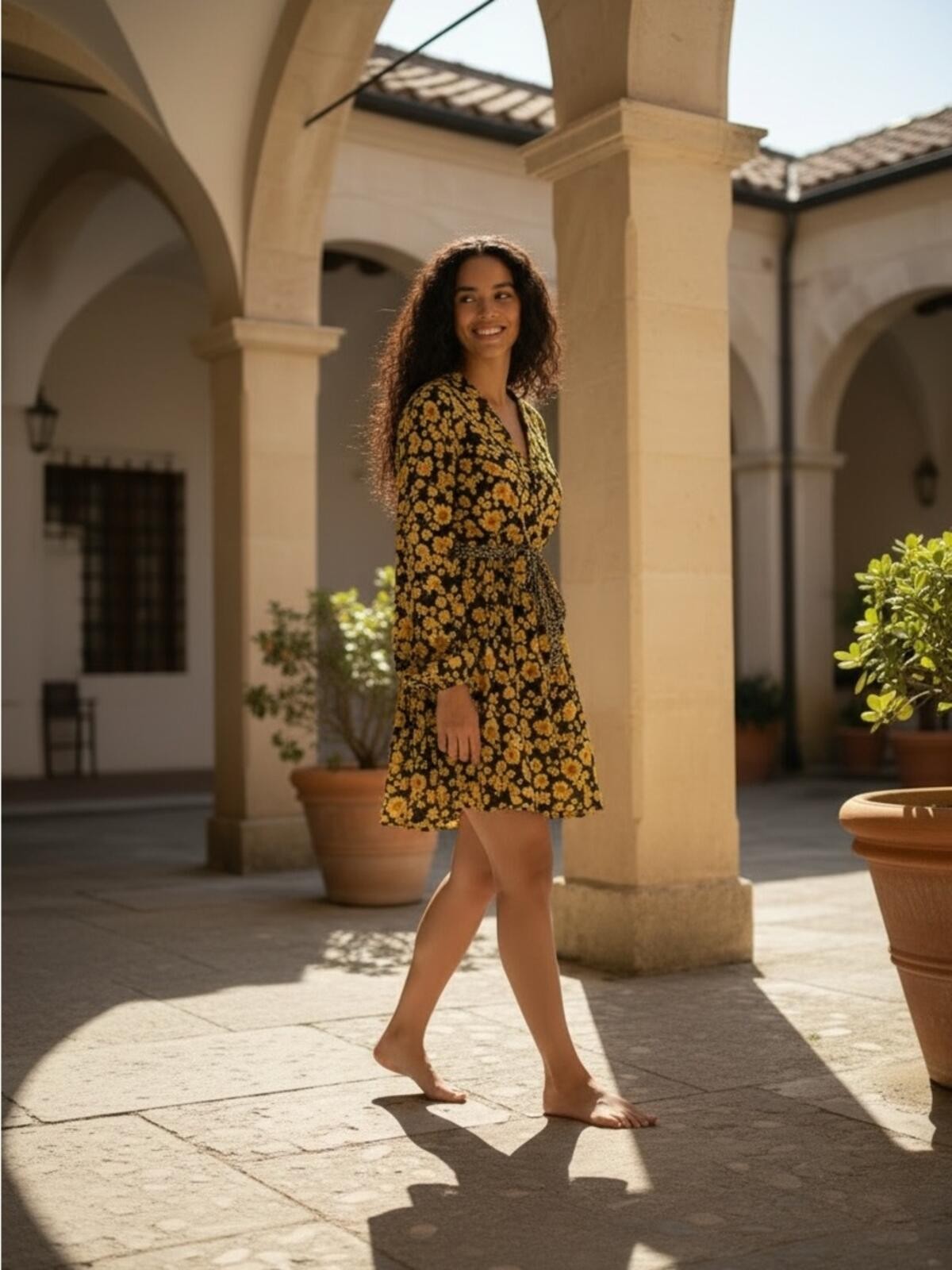 Free People Black Tunic Mini Dress with Yellow Floral Print