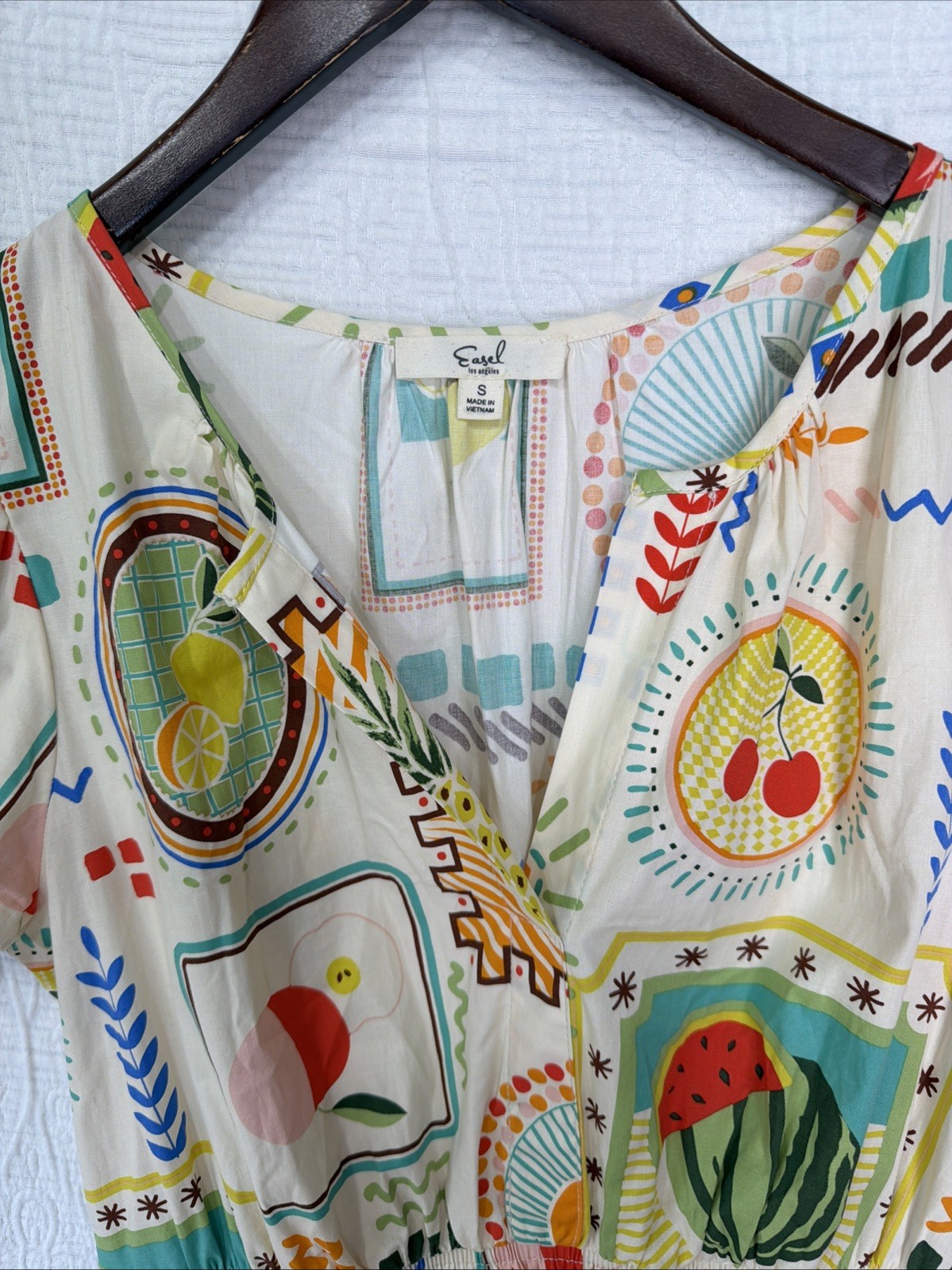 Easel Fruit Print Cotton Tiered Midi Dress Small Short Sleeve Garden Cottagecore