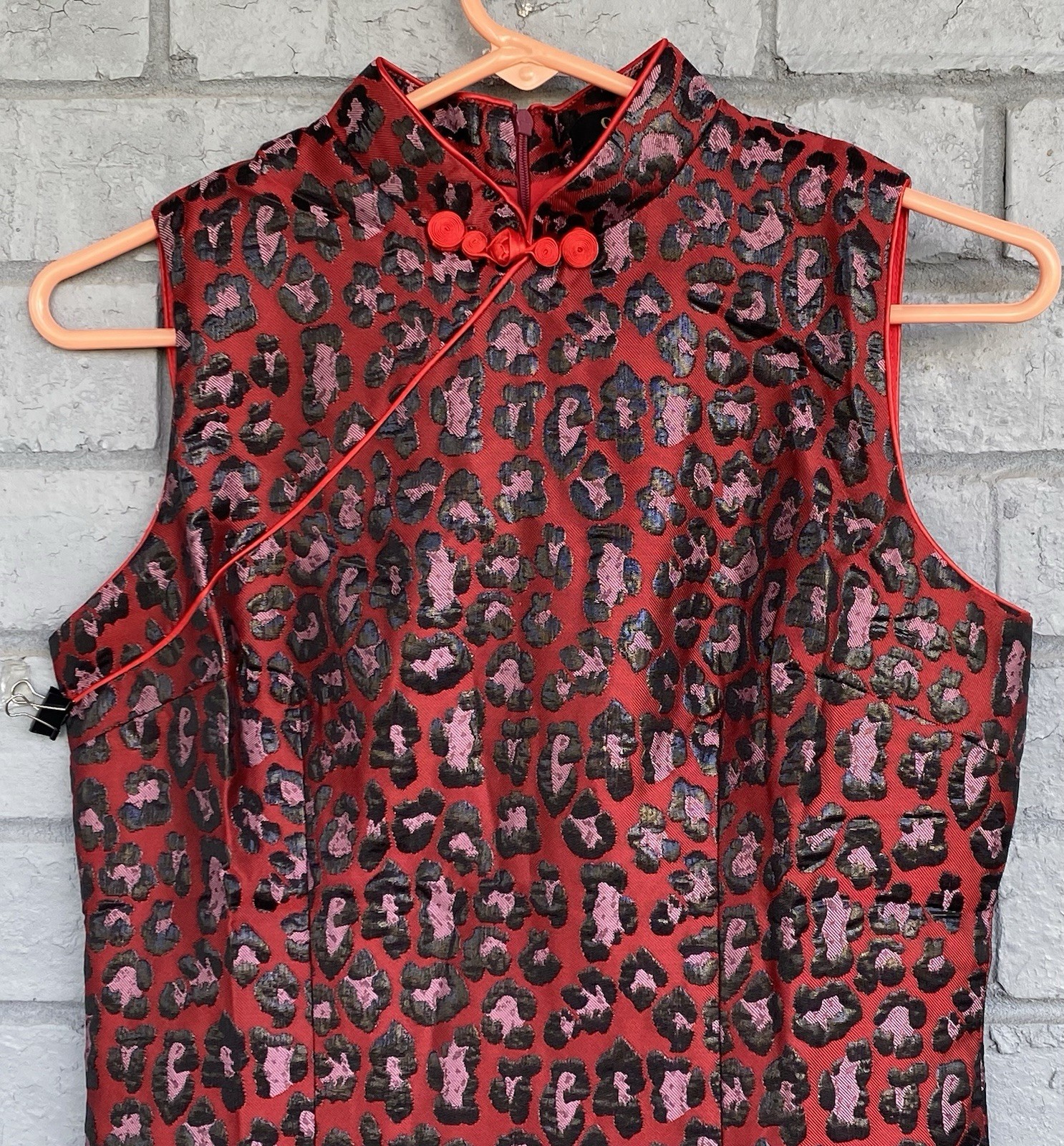 00s Size L Metallic Leopard Animal Print Y2K Mandarin Cheongsam Qipao Red Black
