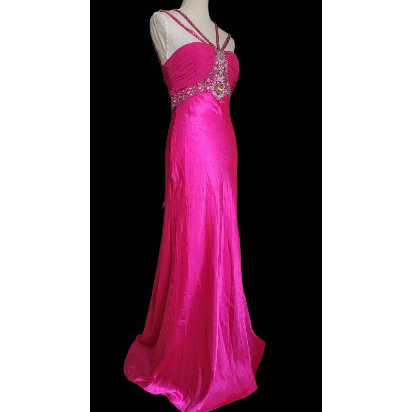 Cache Hot Pink Beaded Strappy Self-Tie Bow Closure Evening Gown Dress Size 6