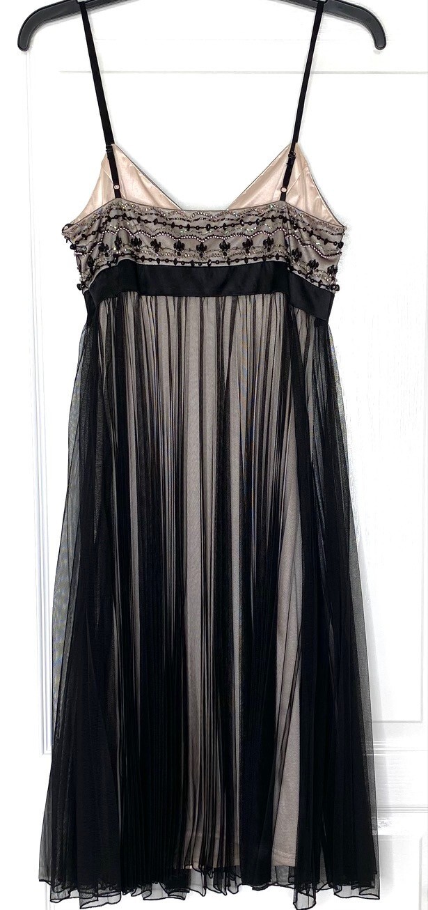 SUE WONG NOCTURNE Black Nude Beaded Sequin Embellished Pleated Mesh Dress 6 US