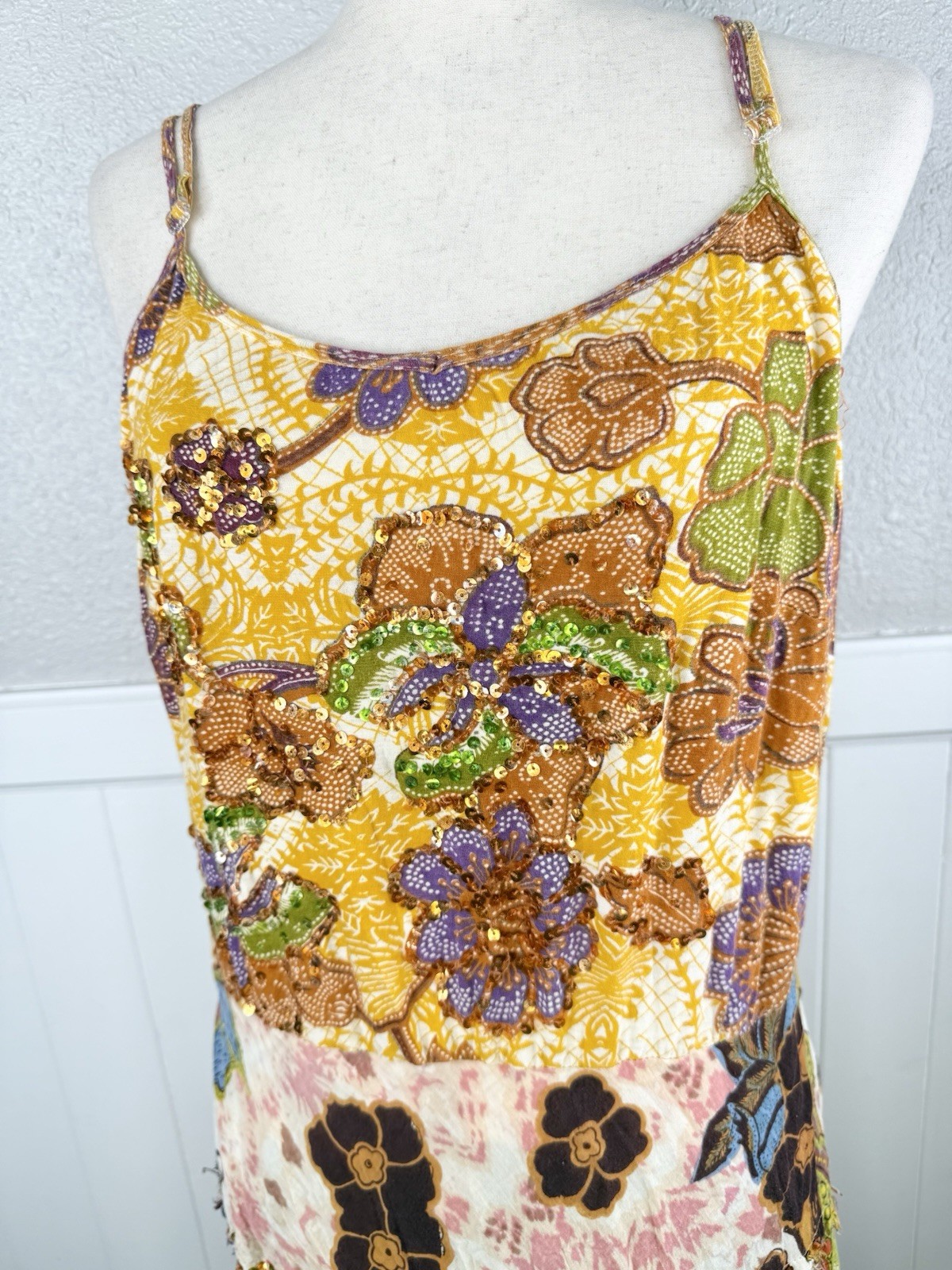 Alberto Makali Patchwork Dress Womens 14 Beaded Sequin Boho Artsy Hippie y2k