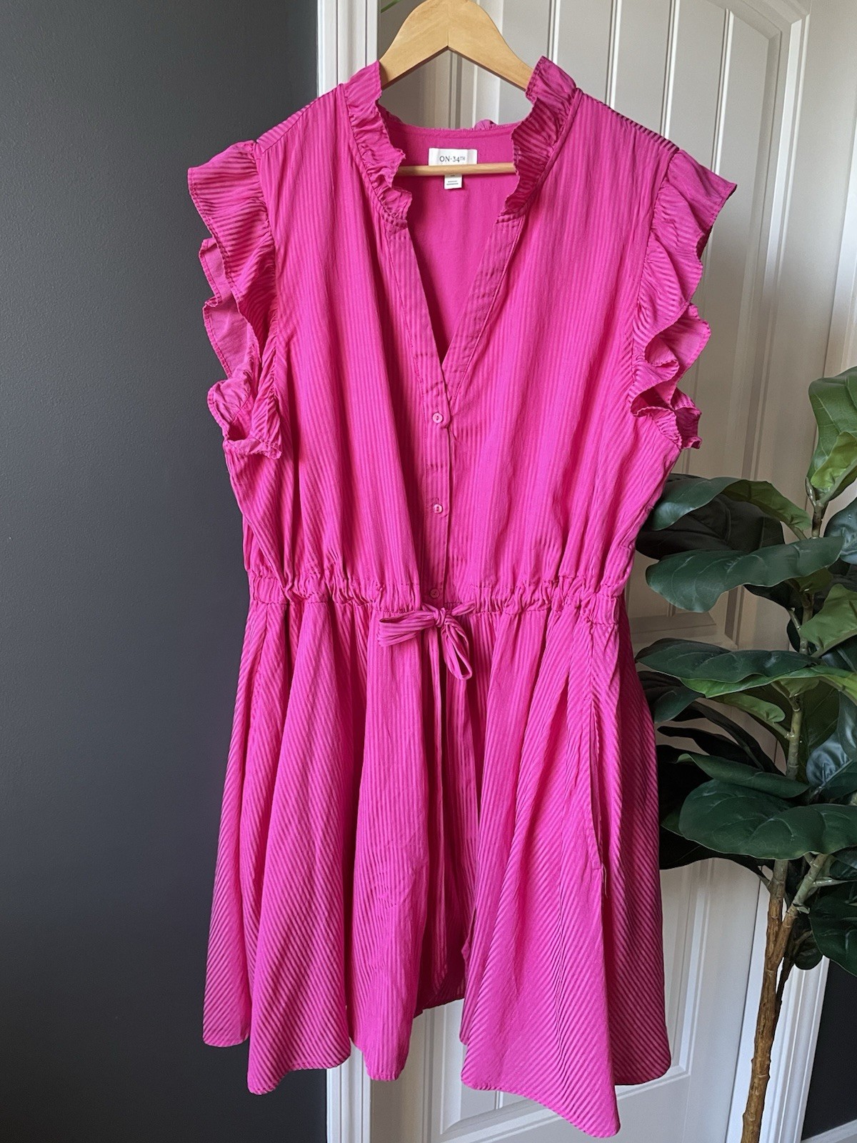 ON 34th Dress 3X | Pink Striped | A-Line |Sleeveless | Ruffle | VNeck | PLUS