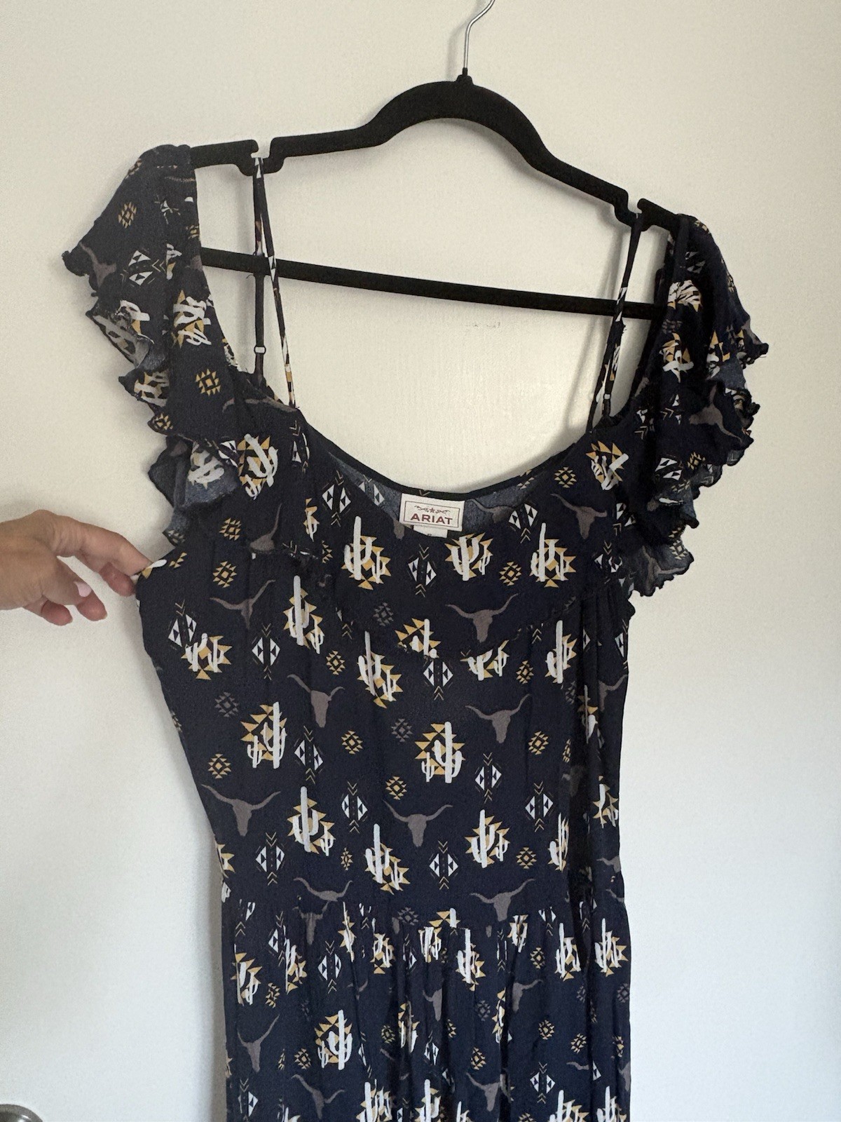 Ariat Western Rodeo Midi Dress Ruffle Hem Peasant Cowgirl Size 12 Blue
