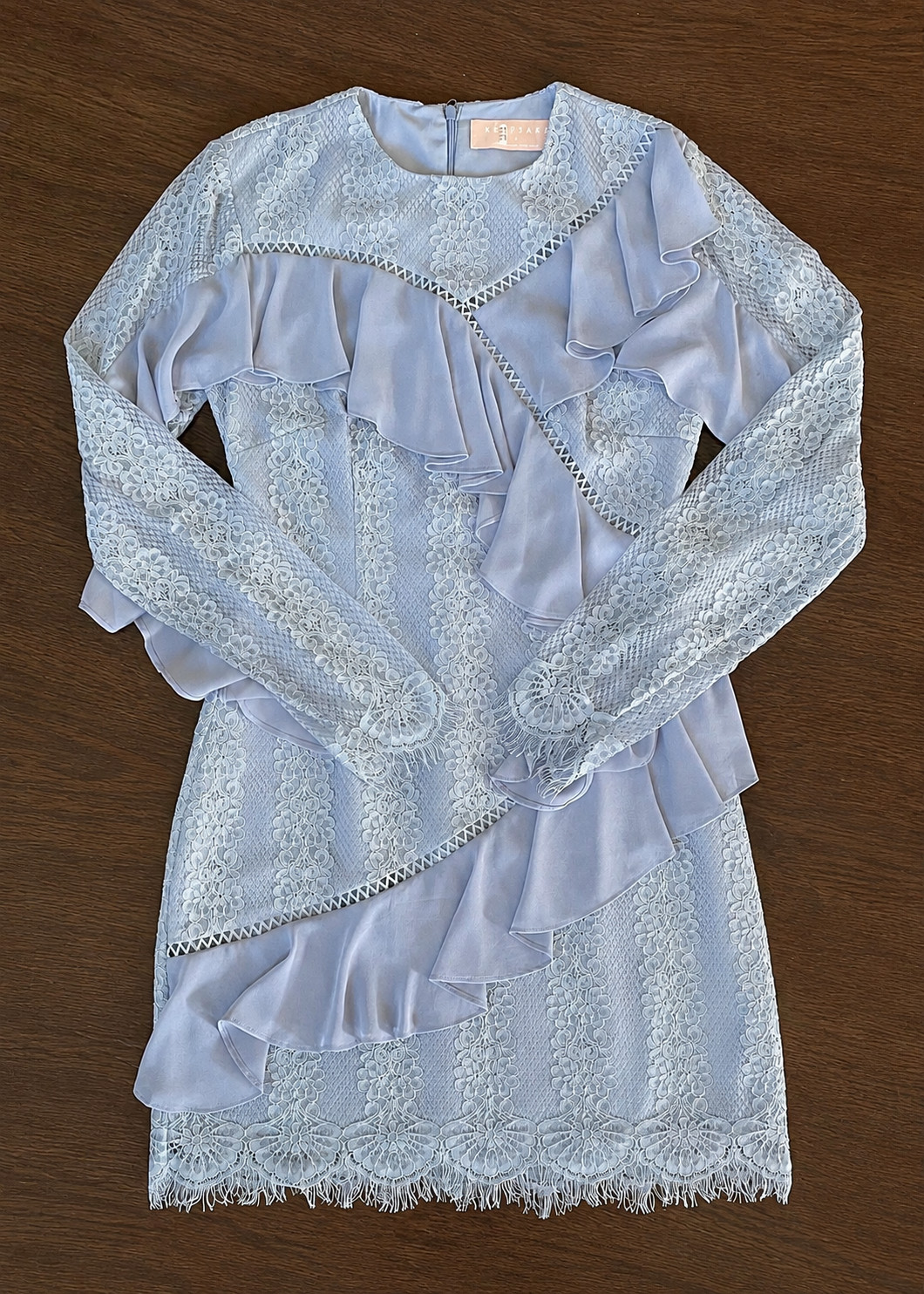 Keepsake the Label Better Days Dusty Blue Lace Ruffle Mini Dress Long Sleeve S