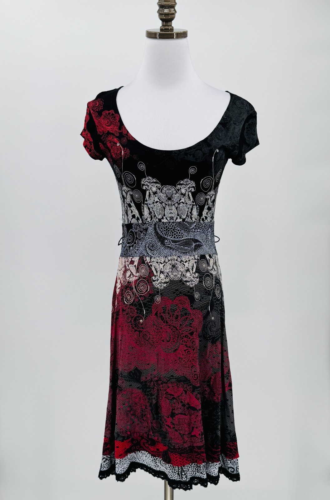 Desigual Febrero Black Red Floral Paisley Lace Trim Detail A Line Dress Sz XS