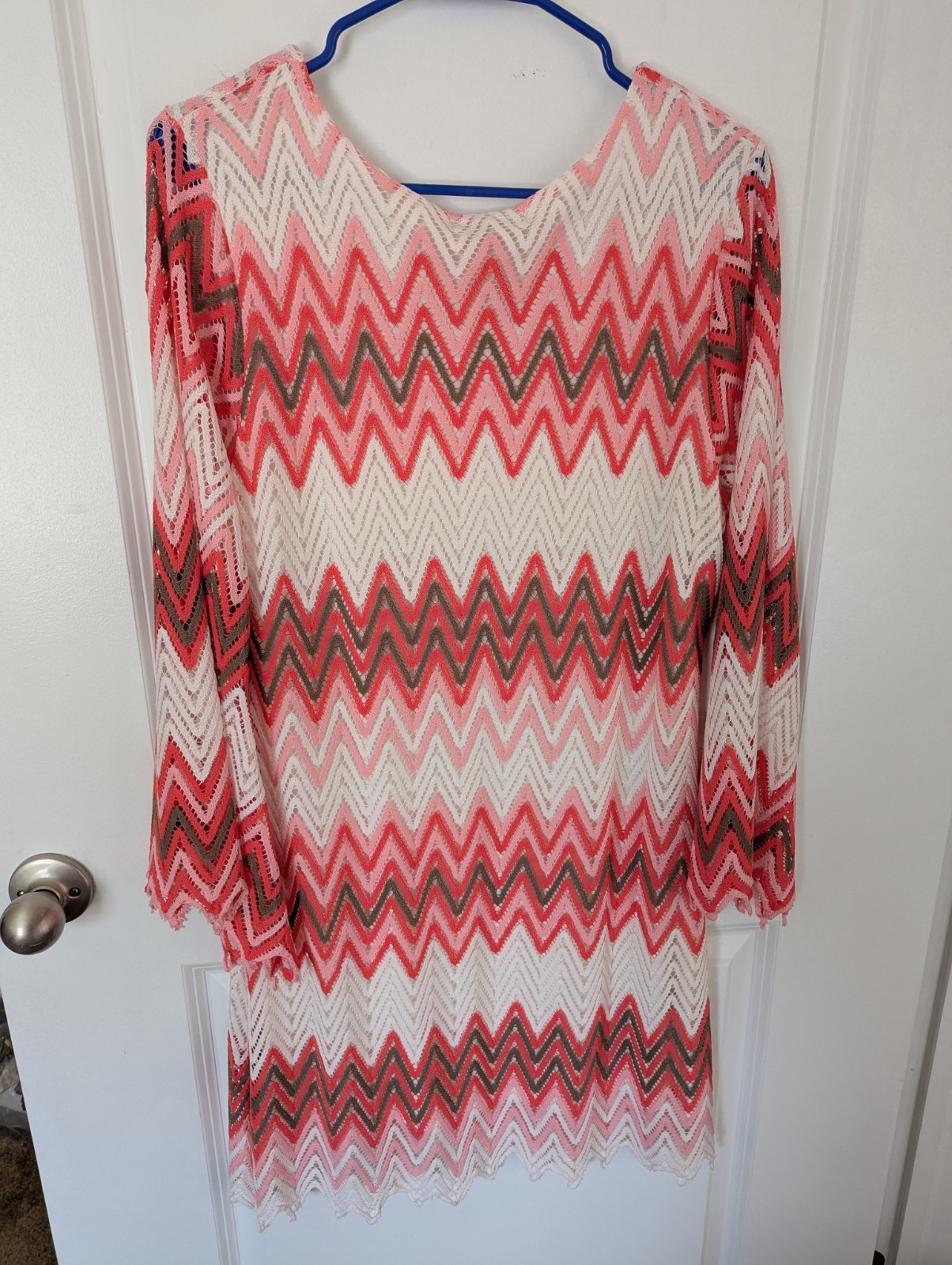 Mechant Red White Chevron Shift Dress Knee Length Long Sleeve Lace Scoop XL