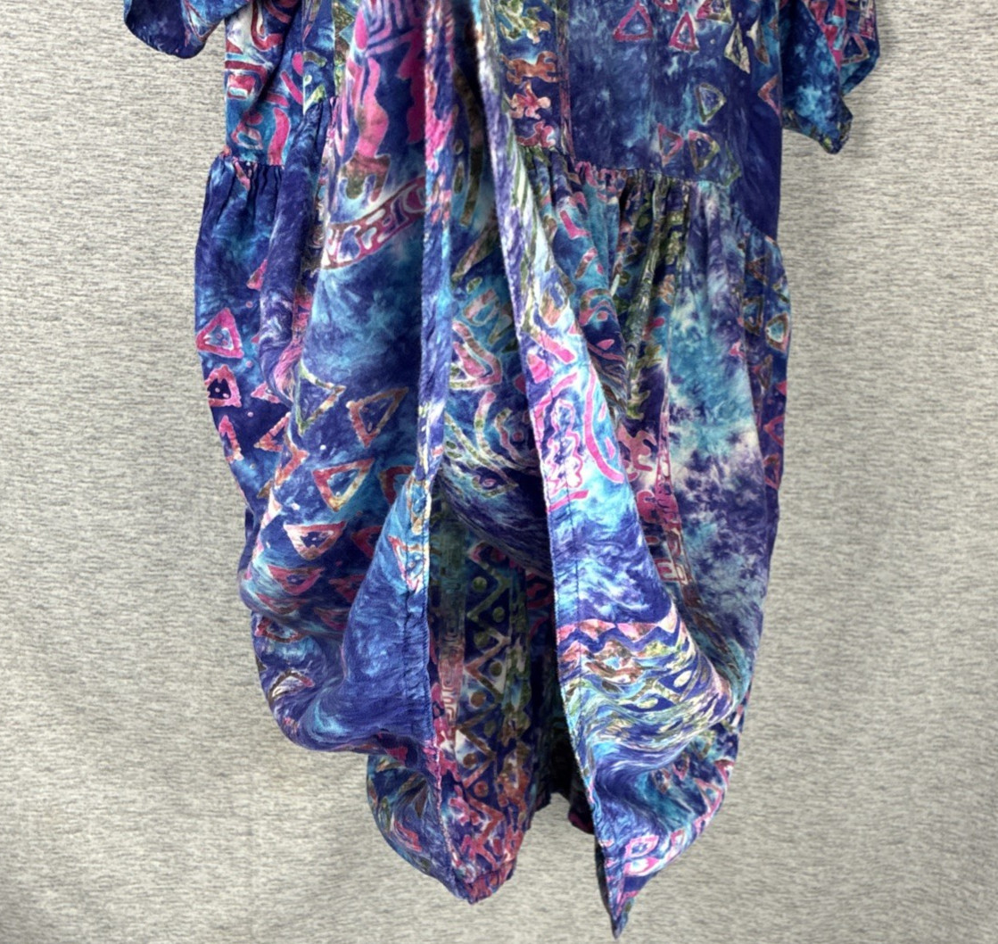 Batik Tie Dye Babydoll Mini Dress Tunic Blue Purple Flowy Boho Vtg Pockets S M 8