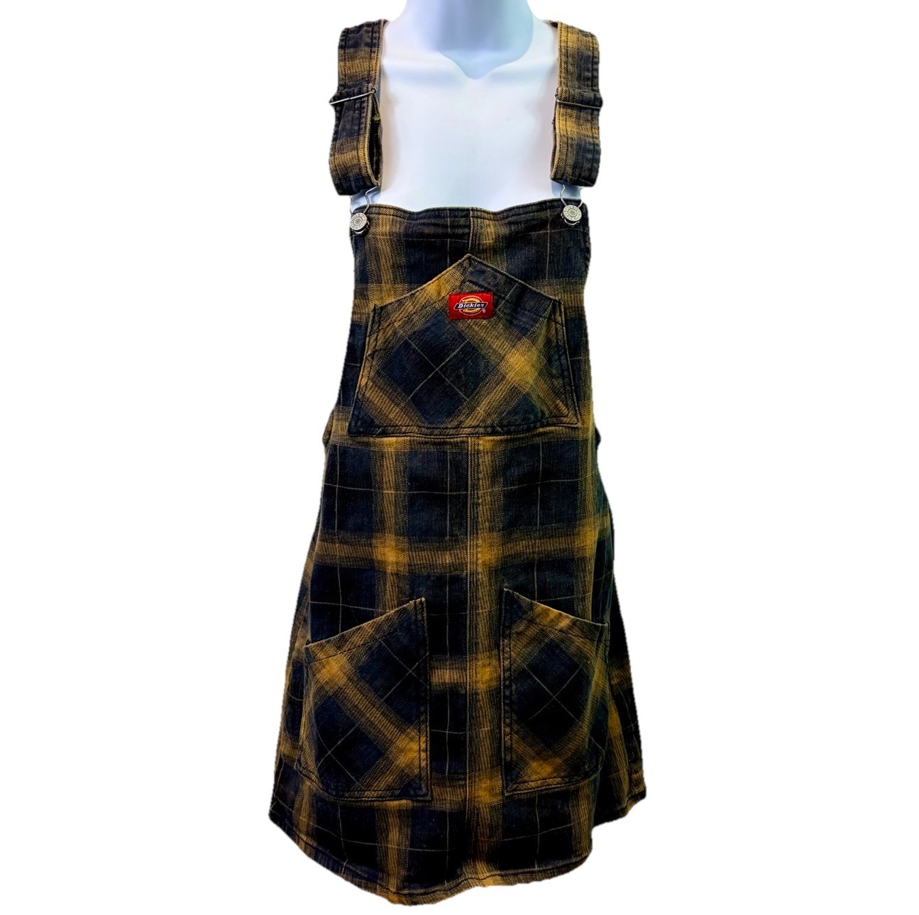 Dickies Womens Jumper Dress Black Yellow Plaid Pinafore Grunge Y2K Sz S