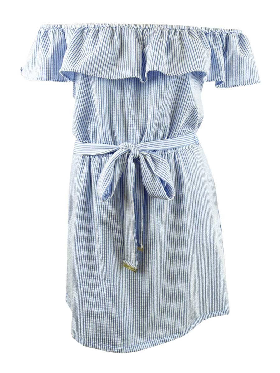 MICHAEL Michael Kors Women’s Ruffled Off-The-Shoulder Mini Dress (L, Crew Blue)