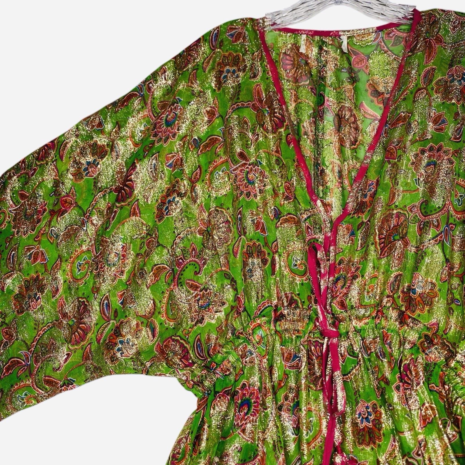 Miss June Paris Mini Dress Tunic Cover Up OS Green Gold Resort Kaftan Tassel