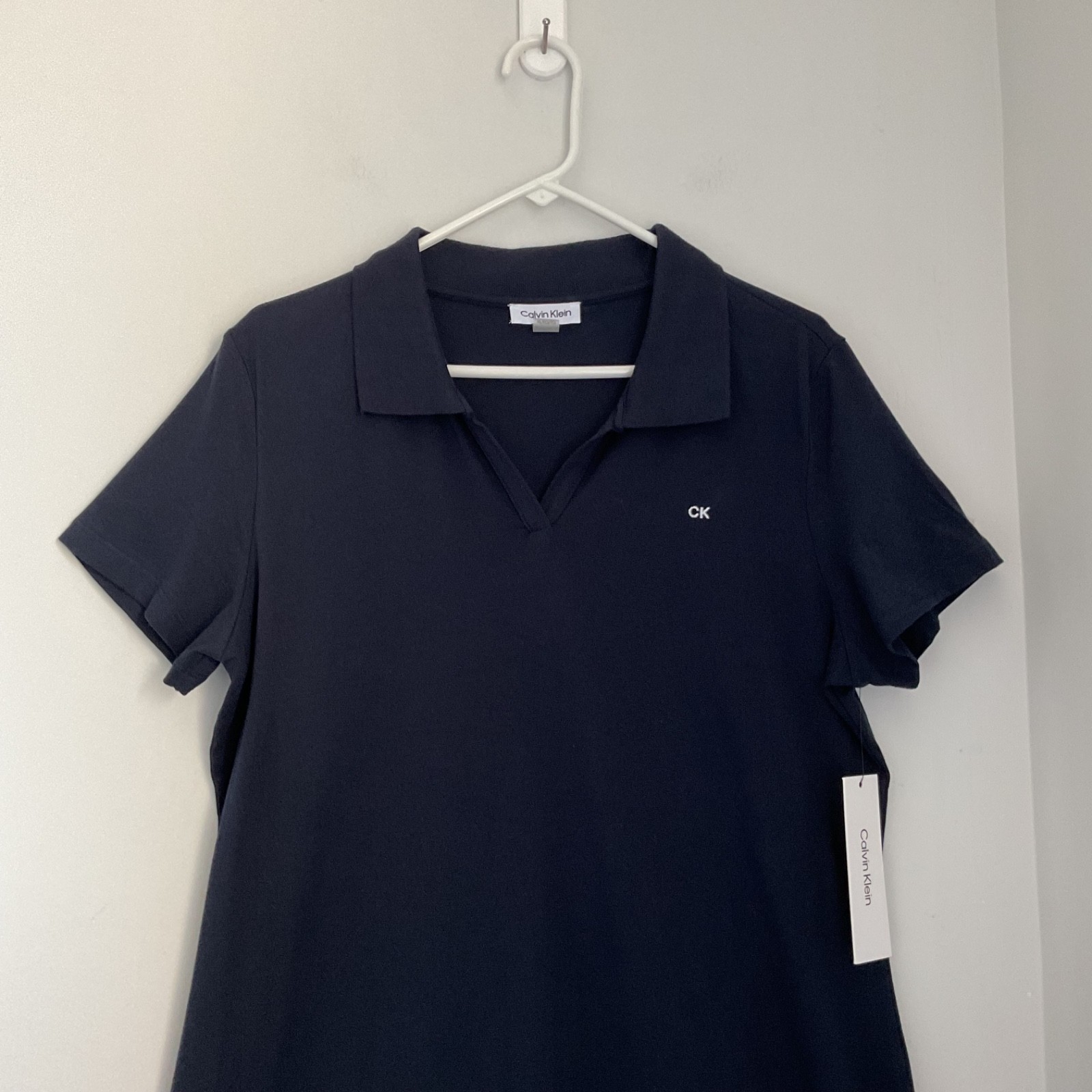 Calvin Klein Navy Blue Polo Dress Size XL Stretch Split Neck Embroidered Logo