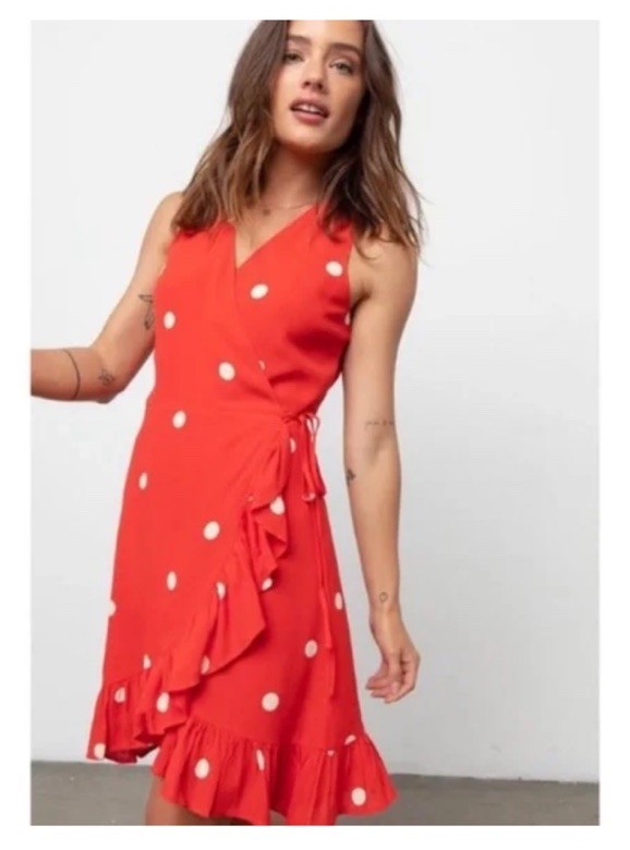 Rails Madison Scarlet Red Dress with White Dots Wrap V-Neck Size Large