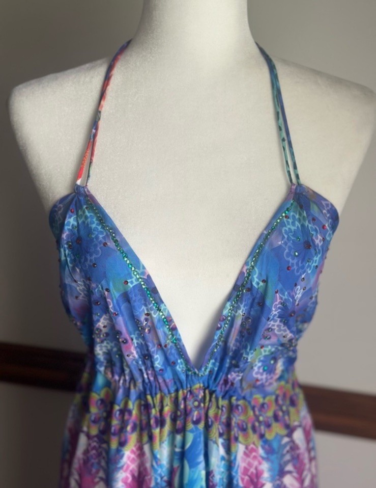 India Boutique, Women’s Long Backless Halter Dress Blue Purple Pink (Free Size)