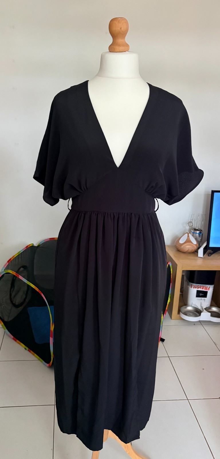 Mary Wyatt London Black Plunge V Neck Midi Dress UK 10 Gothic Alternative Kimono