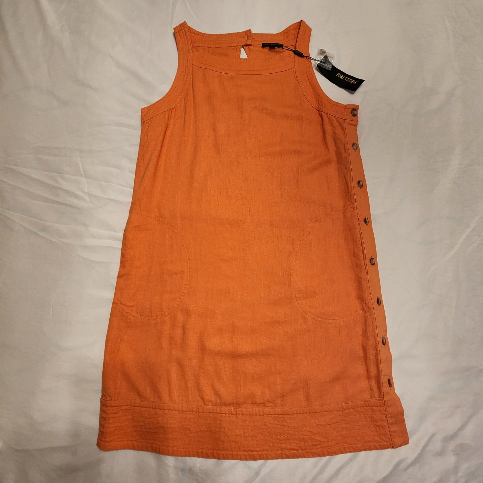 NWT $120 For Cynthia Linen Blend Orange Dress Pockets Buttons Size Medium