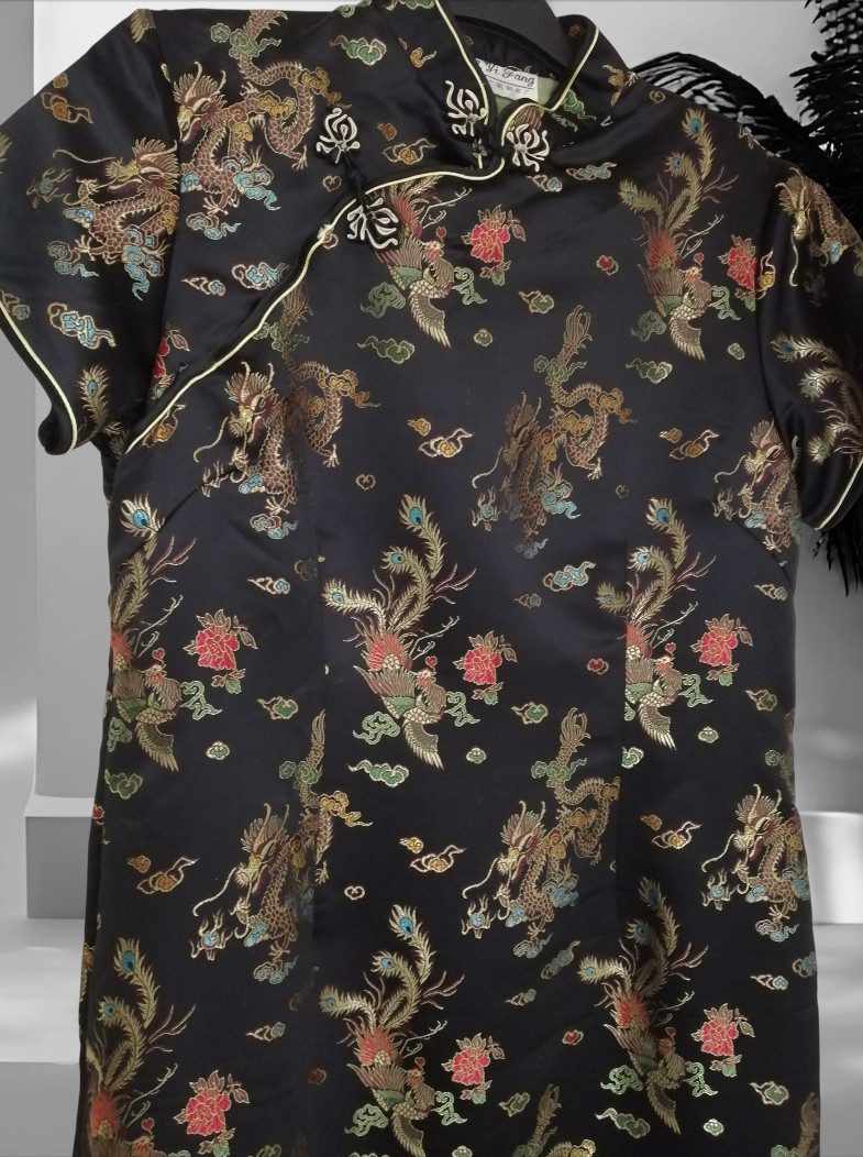 Yi Fang Chinese Traditional Long Dress Quipao Cheongsam Black Dragon Size 14