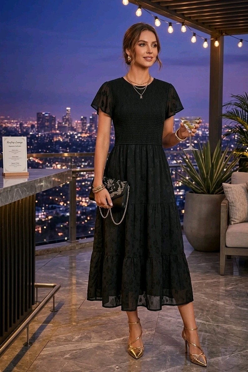 PRETTY GARDEN Black Burnout Floral Maxi Dress Smocked Bodice Flutter Sleeve M