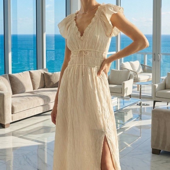 J Crew Palermo Crinkle Midi Dress Tall Medium Cream Boho Resort Coastal NWT