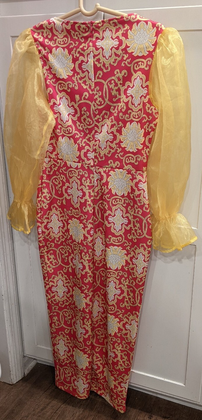 Aomei Womens SIze M/ 34 Pink Stretch Yellow Sheer Sleeves Long Dress Halloween